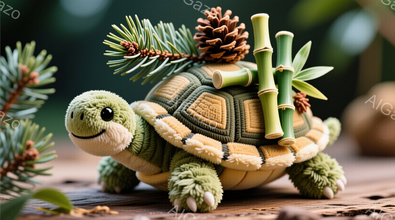 鮮やかな緑色の、モフモフしたテクスチャの亀が描かれています。背中には小さな竹と松ぼっくりが乗せられ、愛らしい表情をしています。背景は木製の台とぼやけた緑の植物で、暖かく、親しみやすい雰囲気を醸し出しています。