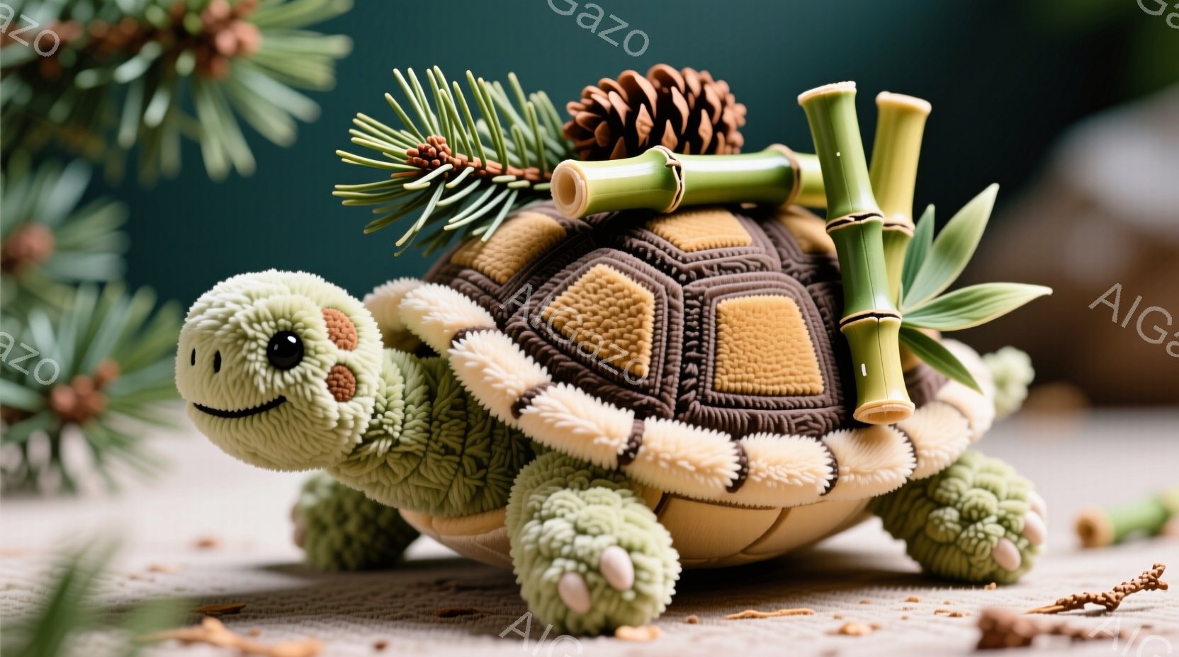 かわいらしいぬいぐるみのようなカメを描いています。茶色とクリーム色のモコモコとした甲羅を持ち、緑色の手足と頭が特徴的で、表情は穏やかで微笑んでいます。背景には、植物が散りばめられ、カメが運んでいる竹と松ぼっくりが自然の温かさを感じさせる、優しい雰囲気の画像です。