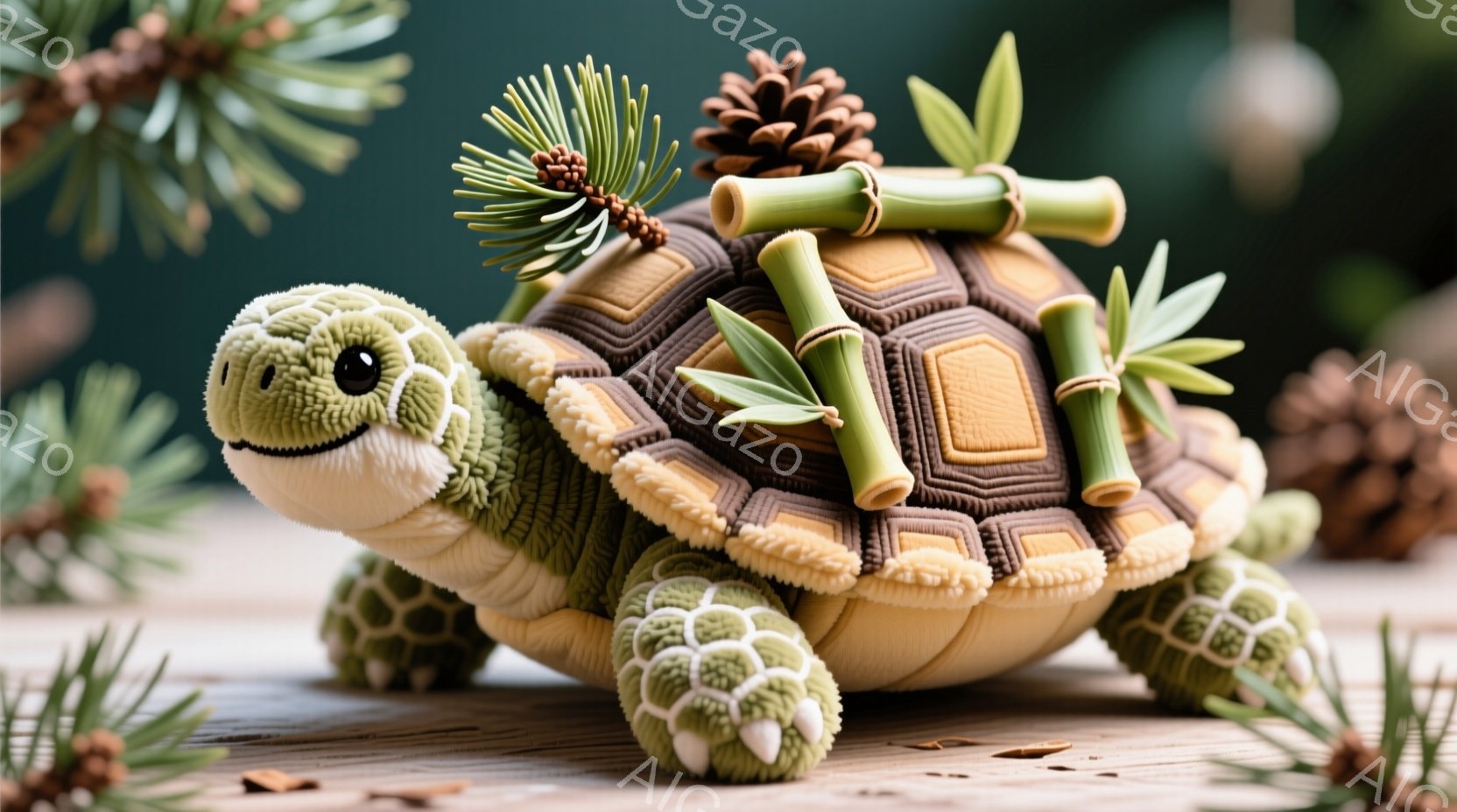 茶色と緑色の編み物のようなカメが、木の板の上に座っています。カメの甲羅には、小さな松ぼっくりと竹の茎が乗せられており、可愛らしい装飾が施されています。背景には、ぼやけた緑色の植物が見え、暖かく穏やかな雰囲気を醸し出しています。