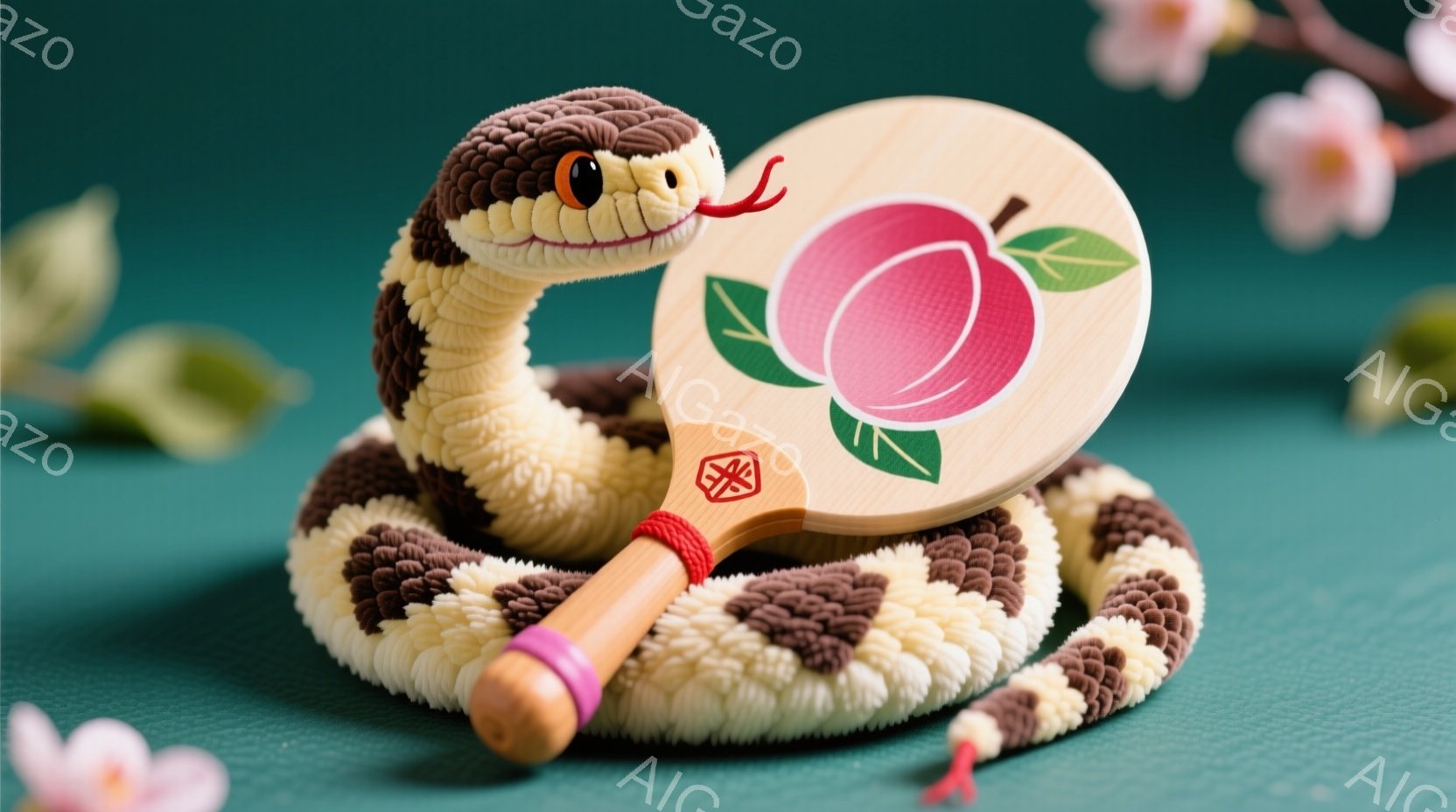 明るい緑色の背景に、編み物のような模様の蛇が描かれている。蛇は体を丸めており、手には桃の絵が描かれた扇子を持っている。背景にはぼやけた桜の花がわずかに見え、全体的に可愛らしく、遊び心のある雰囲気が漂っている。