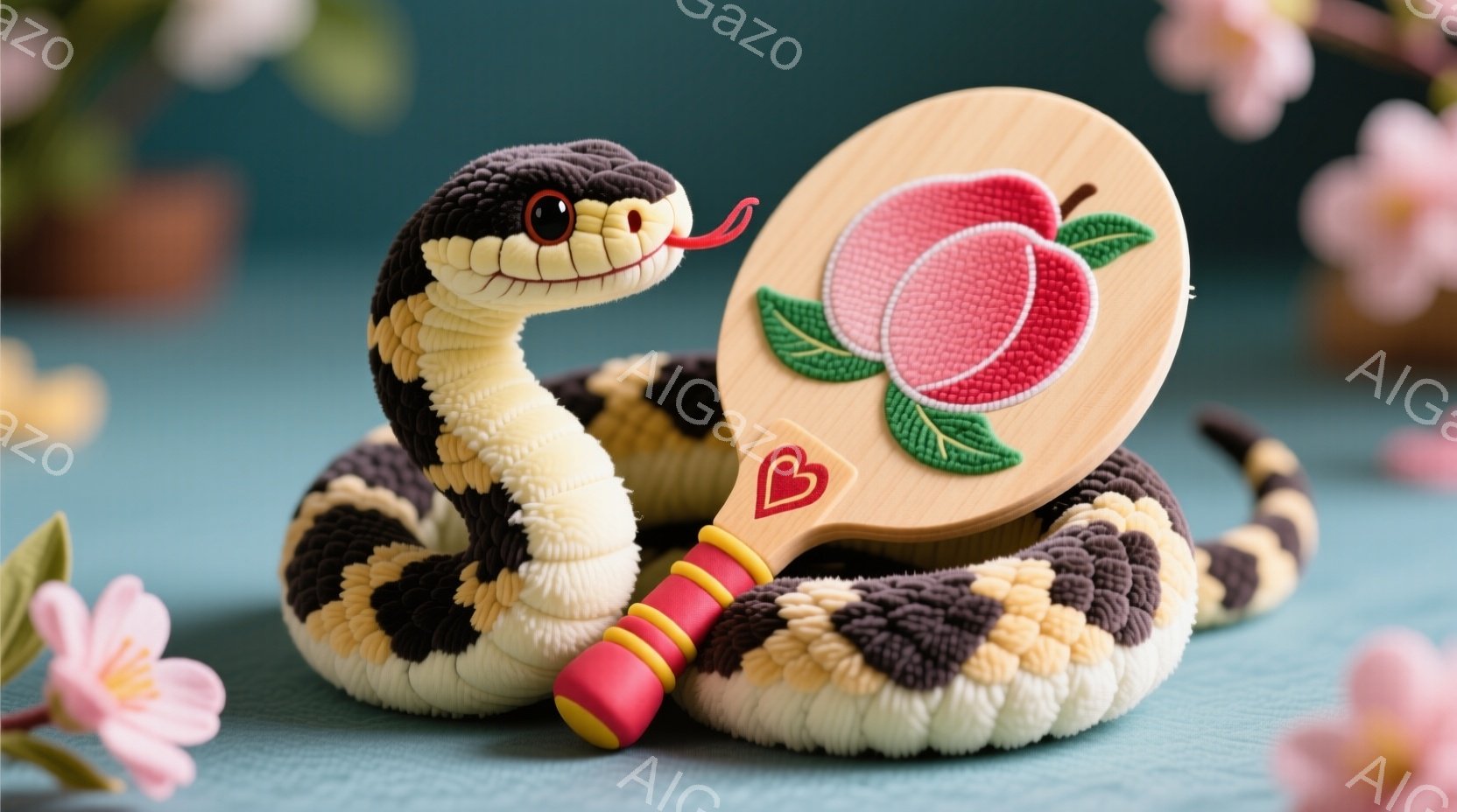 黒と白の縞模様の蛇が、手に桃の絵が描かれた扇子を持っている様子を捉えています。蛇は穏やかな表情で、扇子を少し持ち上げているように見えます。背景は青色で、ピンク色の花がわずかに見え、全体的に柔らかく、遊び心のある雰囲気です。