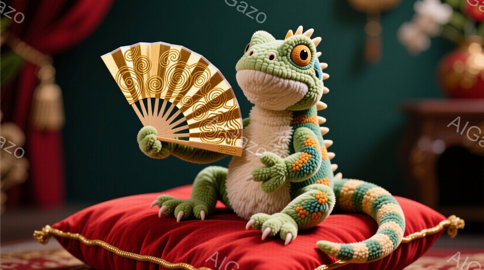 緑色のトカゲのぬいぐるみがお座布団の上に座っており、片手に金色の扇子を持っています。ぬいぐるみは明るい緑色とオレンジ色の縞模様があり、可愛らしい表情をしています。背景には赤い装飾とぼやけた建物が見え、お祝いの雰囲気を醸し出しています。