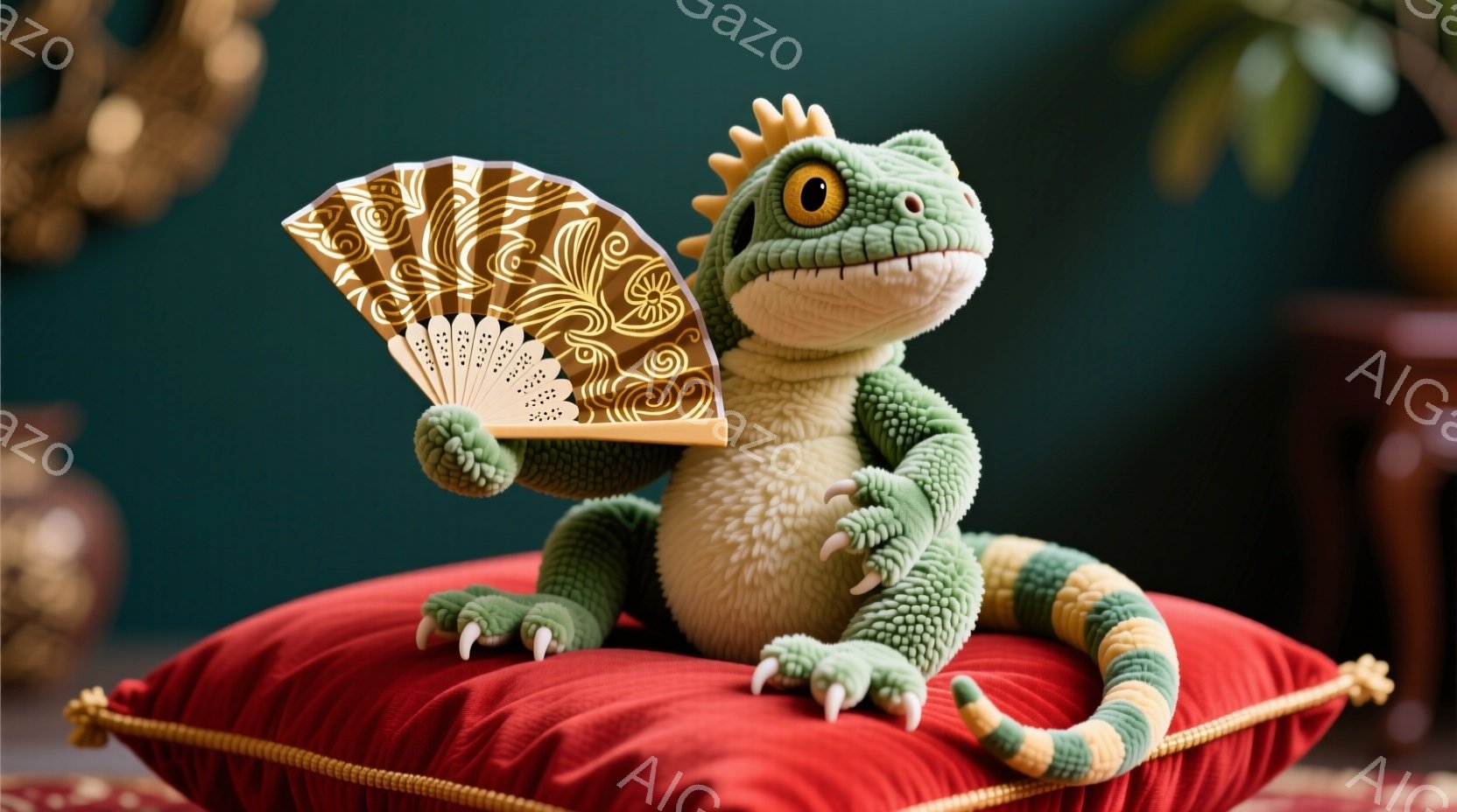 鮮やかな緑色のトカゲのぬいぐるみは、赤いクッションの上に座って、美しい金色の扇子を持っています。トカゲの体はクリーム色と黄色の縞模様があり、愛らしい表情をしています。背景にはぼやけた建物と植物があり、暖かく、おとぎ話のような雰囲気を醸し出しています。