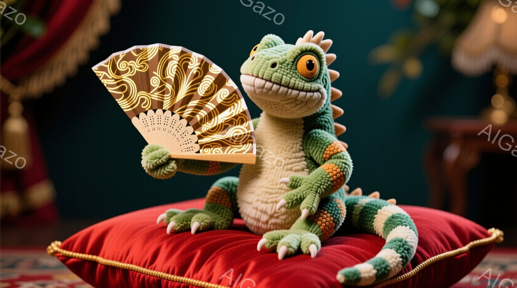 明るい緑色のトカゲのぬいぐるみは、赤いクッションの上に座り、片手に装飾された扇子を持っています。扇子は茶色と金色の渦巻き模様で飾られており、トカゲは穏やかな表情で扇子を少し開いています。背景には、深い赤色のベルベットのカーテンとぼやけた家具が見え、高級感のある室内空間を演出しています。