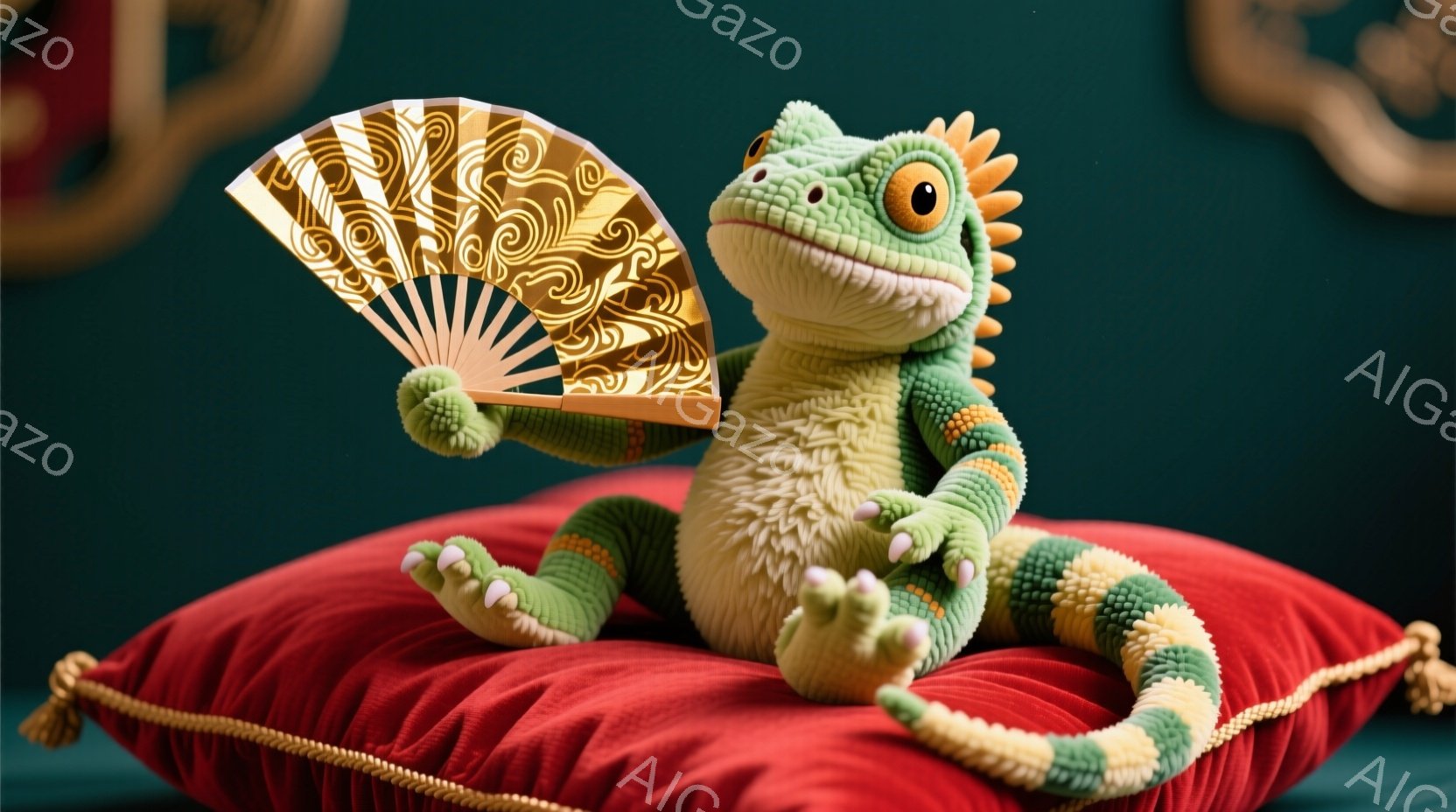 明るい緑と黄色の編みぐるみカメレオンが、赤いベルベットのクッションの上に座っています。カメレオンは片手に金色の扇子を持ち、リラックスした表情で正面を見つめています。背景は深い緑色で、カメレオンの鮮やかな色彩を引き立てています。
