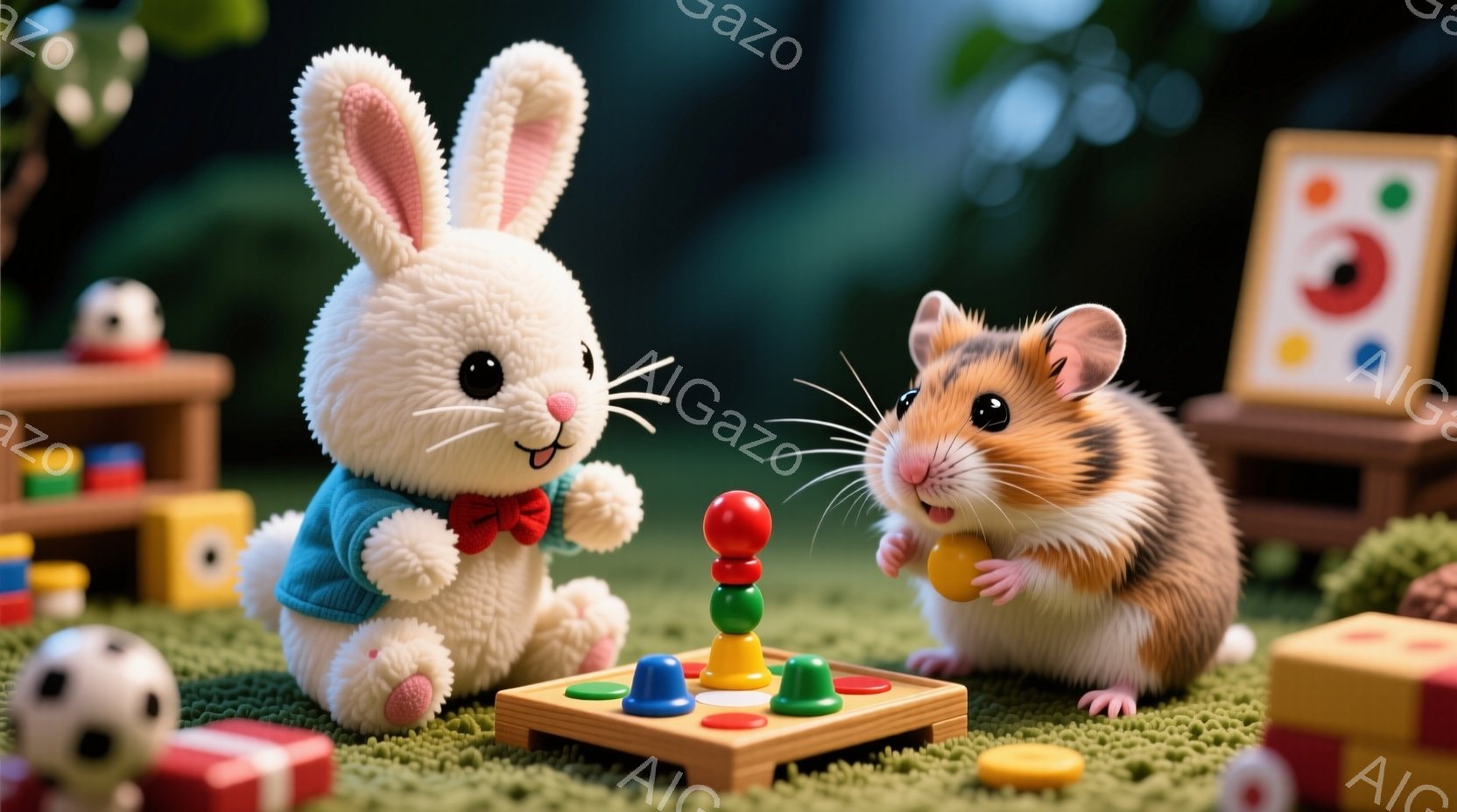 ふわふわの白いウサギのぬいぐるみは、赤い蝶ネクタイと水色のセーターを着ています。ウサギは小さなハムスターと対面し、カラフルな積み木が並んだゲームボードを見つめています。背景には、ブロックのおもちゃや、カラフルな円が描かれた小さなキャンバスがあり、鮮やかな緑色のカーペットの上に置かれています。