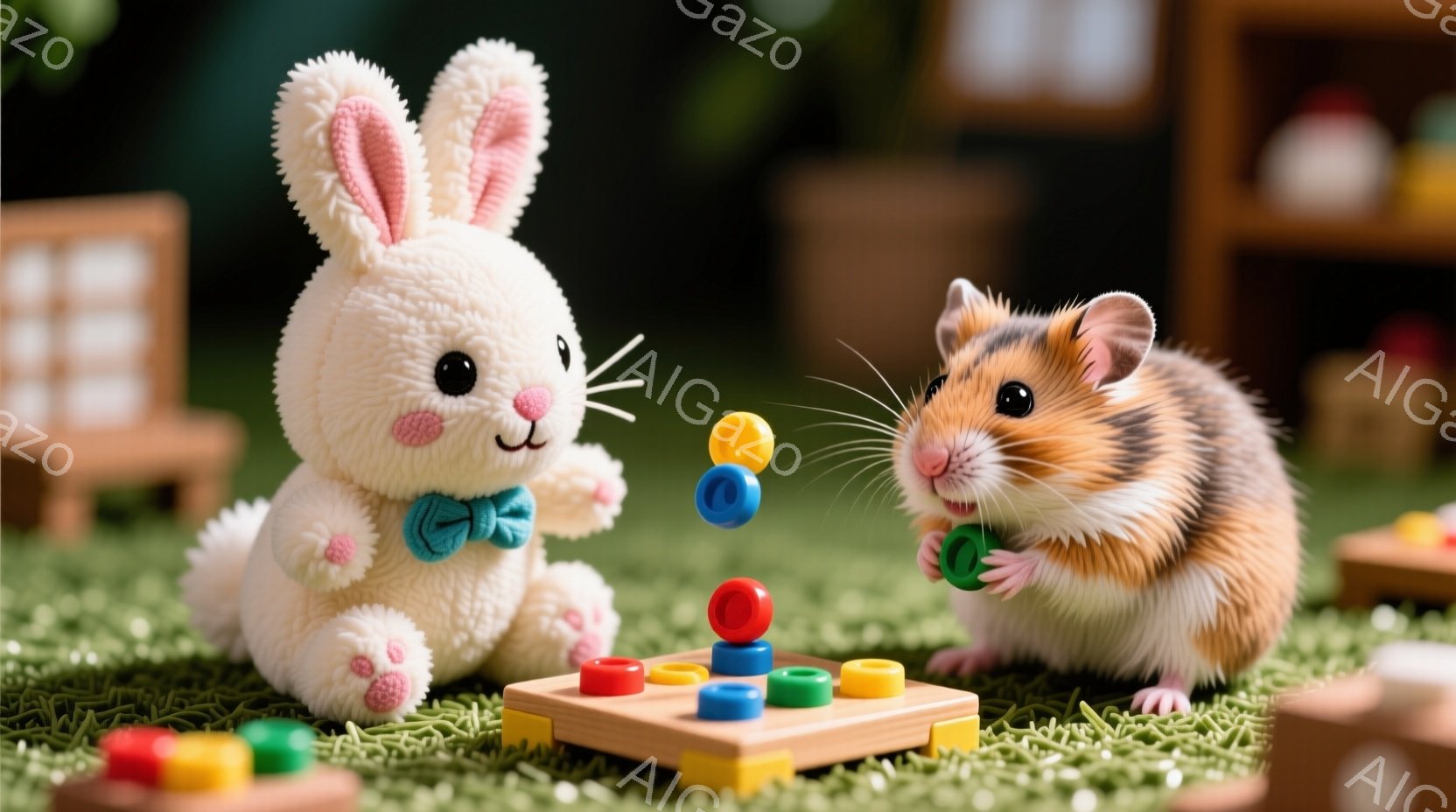ふわふわの白いウサギのぬいぐるみは、青いリボンをつけており、赤い積み木が積まれたおもちゃの盤の前で座っています。横には、オレンジと白のハムスターがいて、積み木を前に抱え、ウサギの方を見ています。背景には緑の芝生が敷かれ、小さな木製の棚が見え、全体的に温かく可愛らしい雰囲気です。