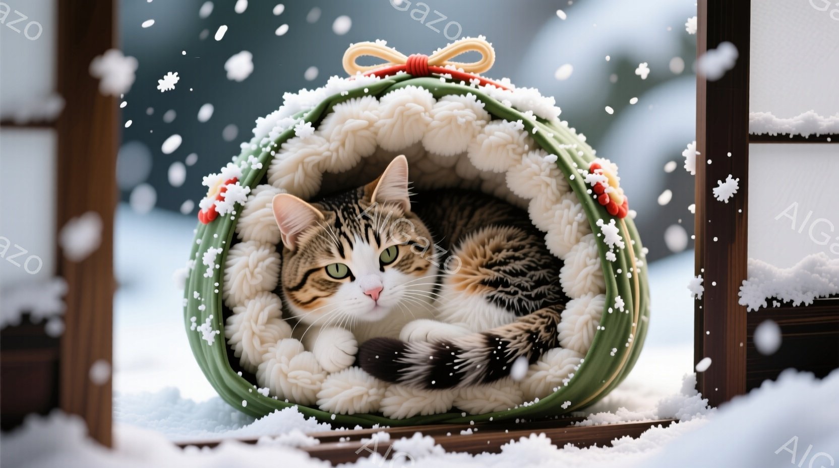 白と茶色の縞模様の猫が緑色のフリースのようなベッドに丸まって眠っています。背景には雪が降り積もった木製の枠が見え、冬の穏やかな雰囲気が漂っています。猫はリラックスした表情で、まるで雪景色を眺めるのを楽しんでいるようです。