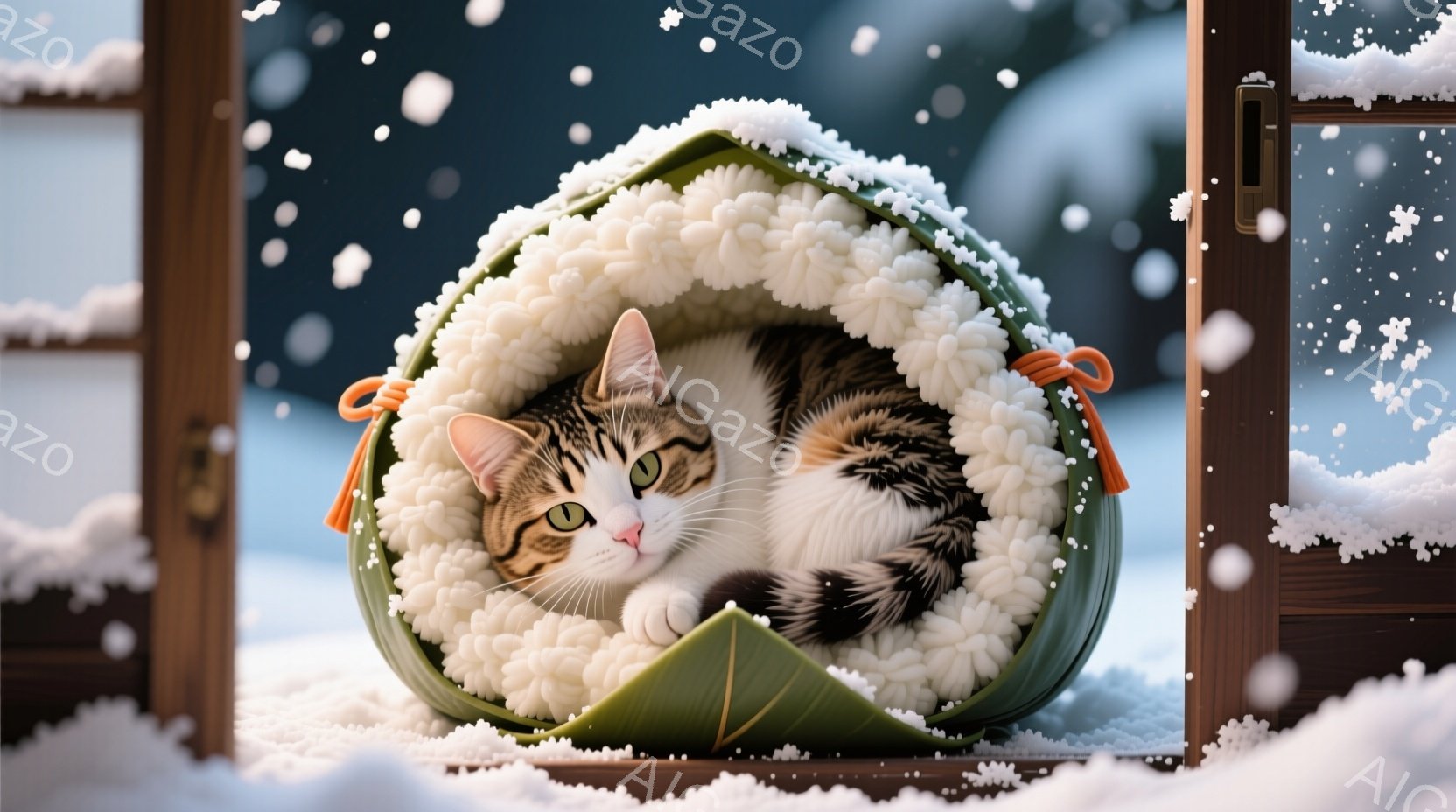白と茶色の縞模様の猫が、緑色の海苔巻きのような包みの中に丸まって眠っています。雪が降る冬の背景には、木製の枠が見え、猫はまるで美味しそうな具材のように包まれています。このユニークな構図は、暖かく遊び心のある雰囲気を醸し出しています。