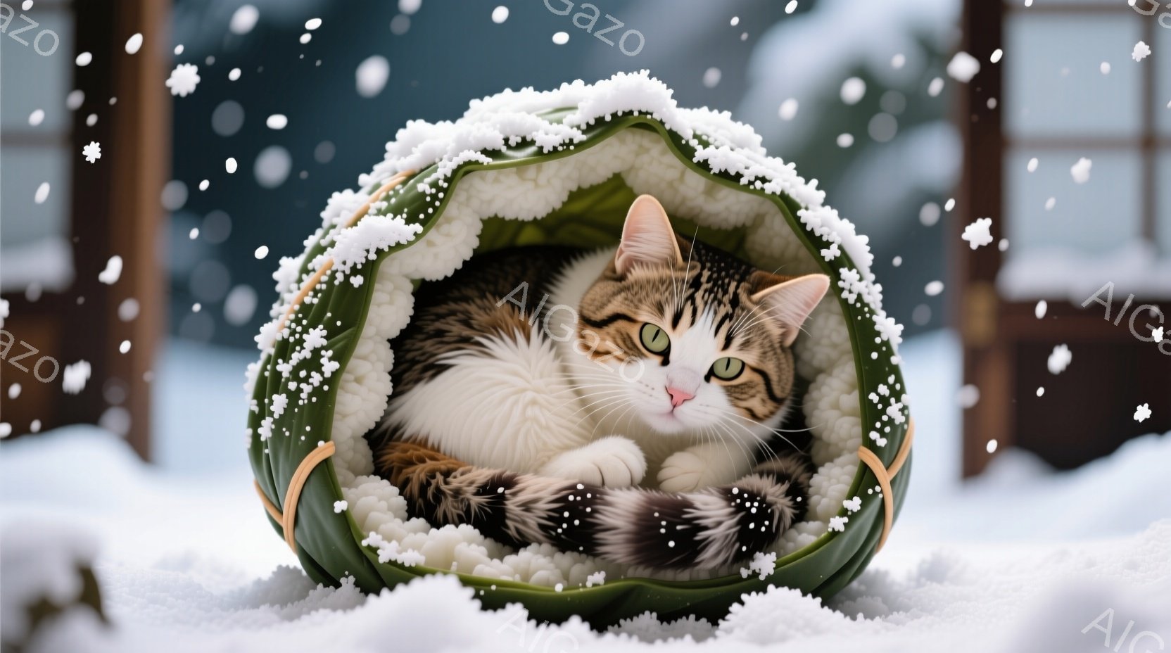 白と茶色のまだら模様の猫が、緑色のふちどりがあり、ふわふわとした内側のベッドの中に丸まって眠っています。猫はリラックスした表情で、穏やかな視線をこちらに向けています。背景は雪景色で、冬の静かで落ち着いた雰囲気を醸し出しています。