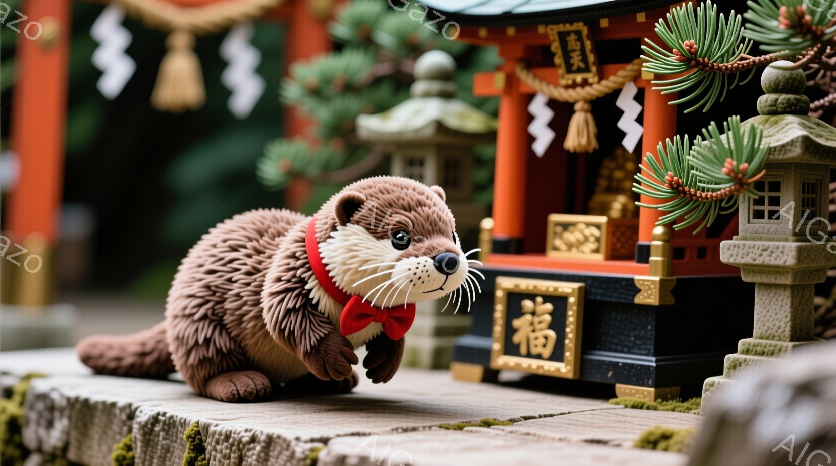 ぬいぐるみのようなカワウソが、赤い蝶ネクタイをつけ、石畳の上に座っています。背景には、鮮やかな朱色の小さな神社と石灯籠が見え、緑豊かな木々が神社を囲んでいます。全体的に、暖かく、静かで、少しユーモラス - AI生成フリー素材