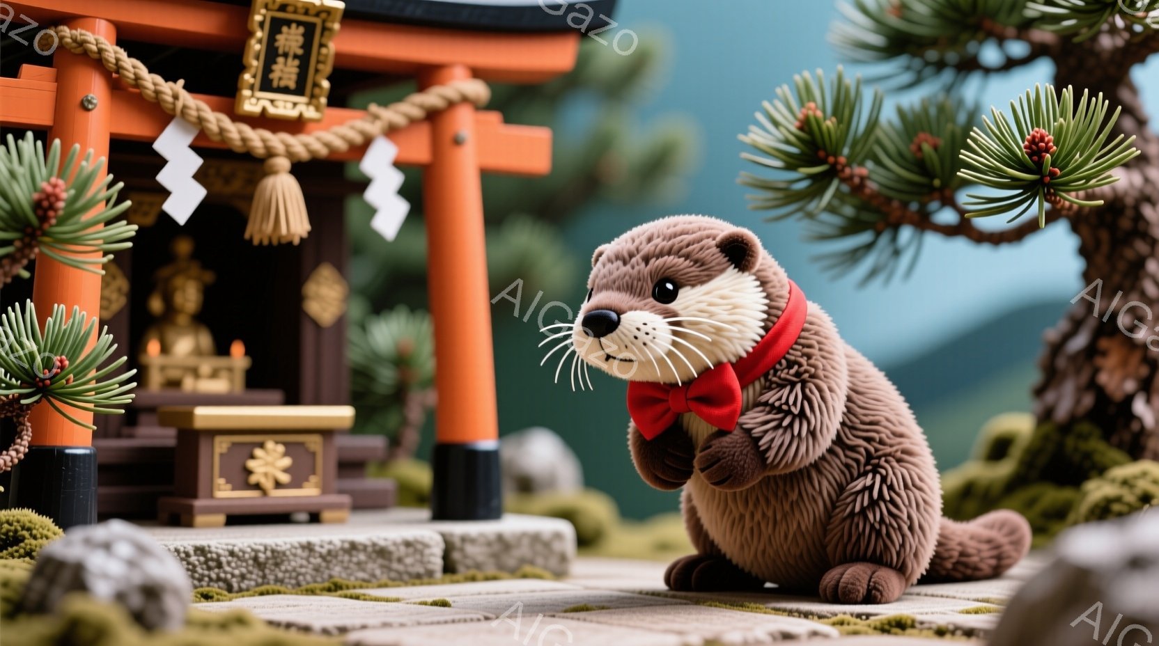 小さな鳥居の前に立つカワウソが描かれています。カワウソは赤い蝶ネクタイをつけ、両手を組んで恭しく立っており、愛らしい表情を浮かべています。背景には緑豊かな植物と、霧のかかった山々が見え、静かで平和な雰囲気を醸し出しています。