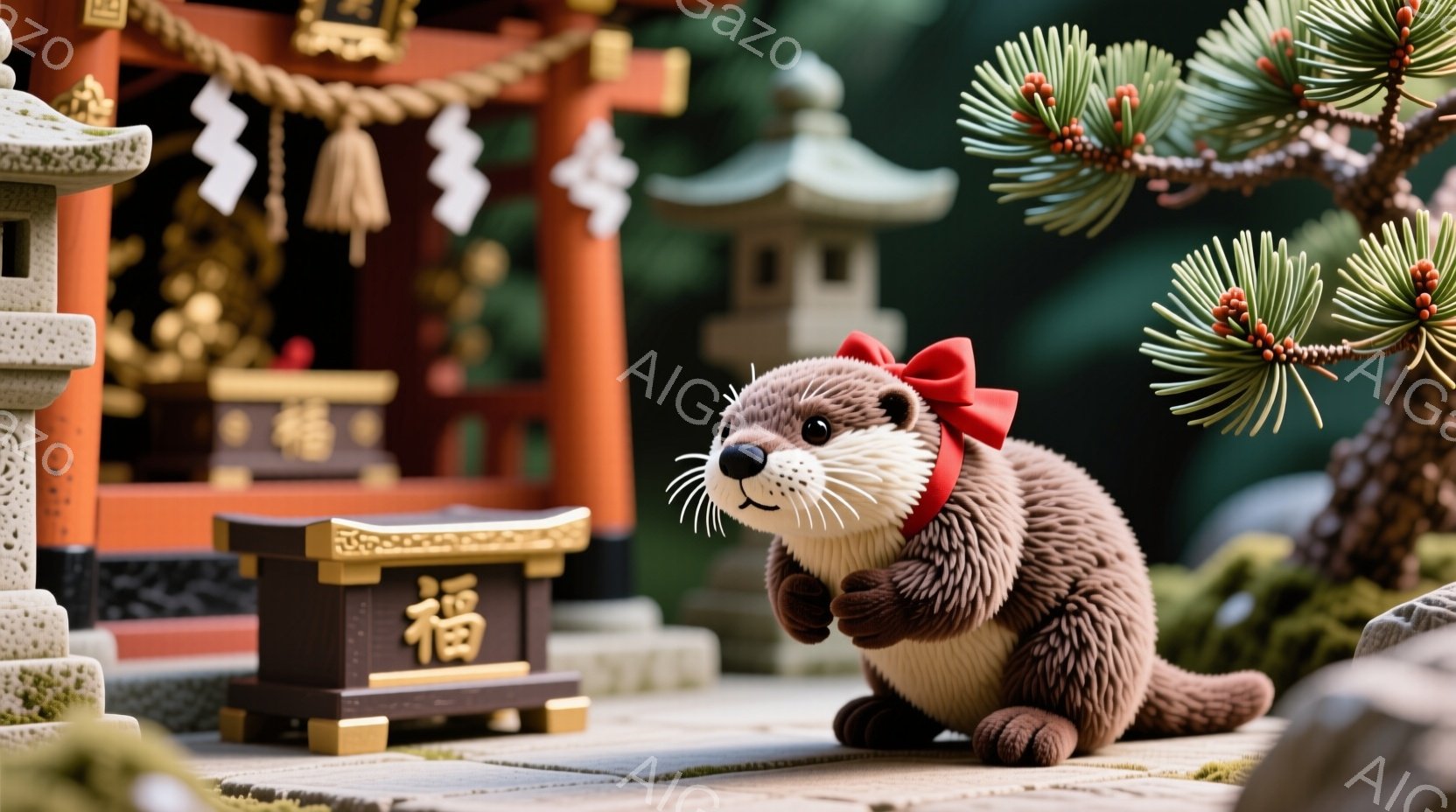 温かい色合いの神社を背景に、可愛らしいカワウソが赤いリボンを首に巻いて座っています。カワウソは前足を組み、穏やかな表情で何かを待っているかのような、または祈っているかのような姿勢をとっています。背景には苔むした石灯籠や緑豊かな木々が見られ、静かで神聖な雰囲気を醸し出しています。