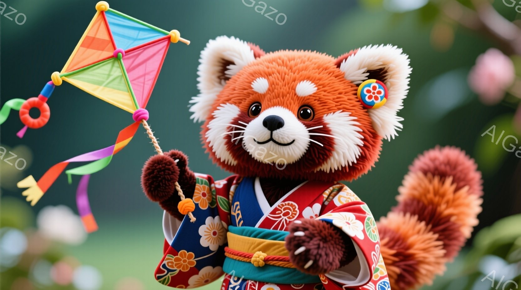赤いパンダのキャラクターが、鮮やかな色の着物と襷（たすき）を身につけています。右手にカラフルな凧を持って高く掲げ、嬉しそうな表情をしています。背景には緑豊かな植物が見え、柔らかな光が差し込み、温かく穏やかな雰囲気が漂っています。