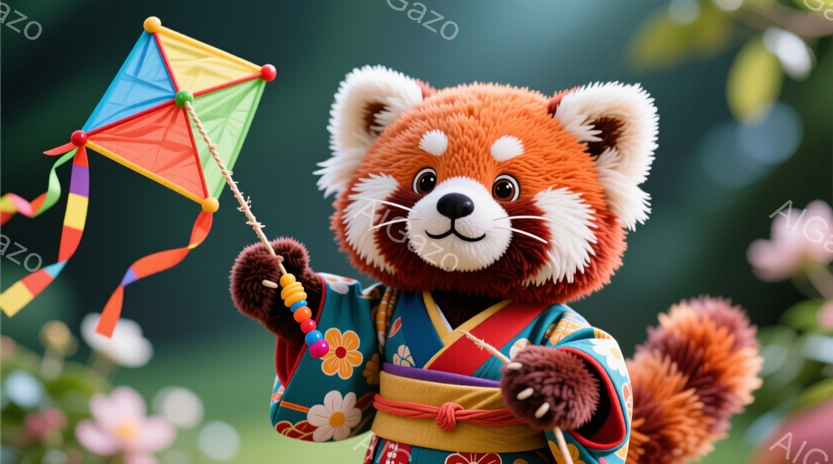 赤いパンダのキャラクターが、緑と黄色の模様が特徴的な和装を着て、色鮮やかな凧揚げを楽しんでいます。パンダは明るい笑顔で前を見つめ、丸い黒い目が愛らしい印象を与えます。背景には、ぼやけた緑の植物と、淡いピンク色の花々が咲き乱れ、春らしい穏やかな雰囲気を醸し出しています。