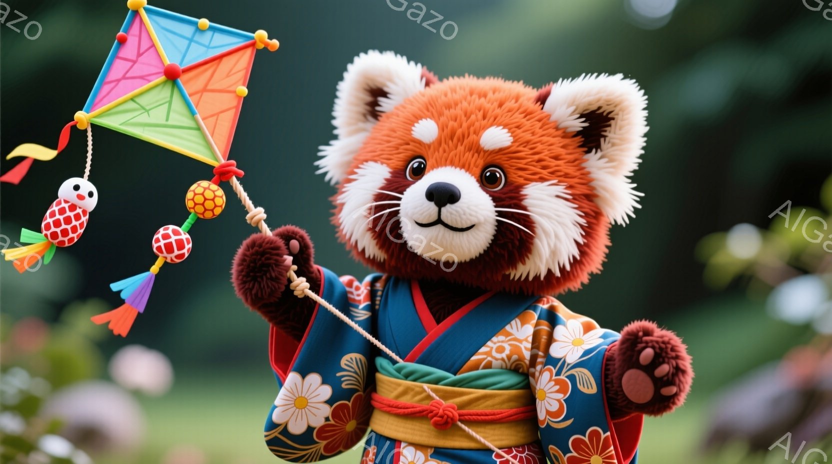 赤いパンダの着ぐるみを着たキャラクターが、凧揚げを楽しんでいます。着物は青と白の美しい花柄で、腰には茶色の帯が巻かれています。背景には緑豊かな自然が広がり、暖かく穏やかな雰囲気を醸し出しています。