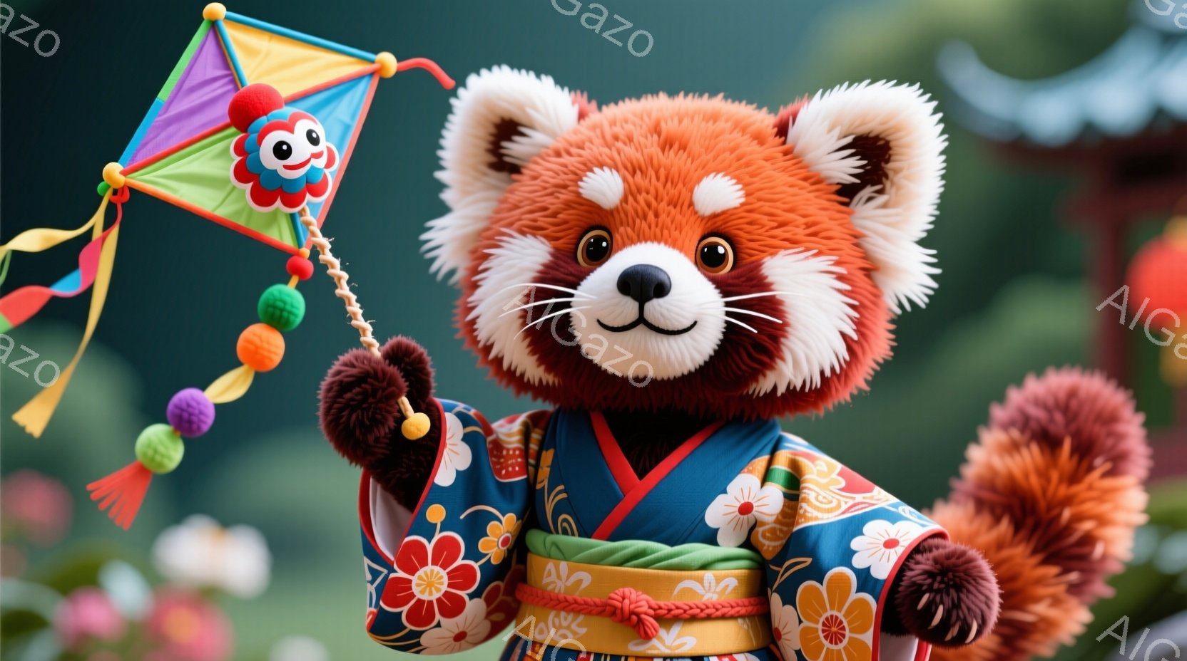 赤褐色のパンダが、青地に白とピンクの花柄の着物を着ています。片手を上げてカラフルな凧揚げをしており、表情は穏やかで楽しそうです。背景にはぼやけた緑の植物と伝統的な建物が見え、春の穏やかな日を表しているようです。