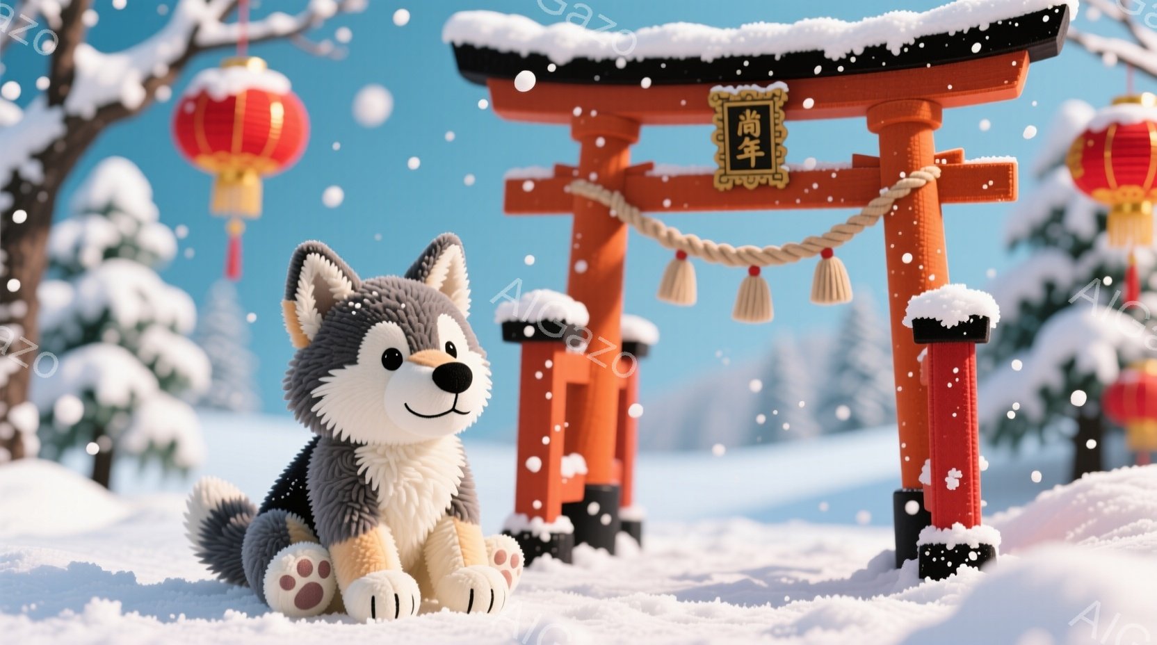 雪が降る冬の風景の中に、ふわふわの白い足を持つ子犬が座っています。背景には赤い鳥居と提灯があり、雪景色と相まって温かく穏やかな雰囲気を醸し出しています。子犬は前足を伸ばし、少し上を見ている様子で、可愛 - AI生成フリー素材