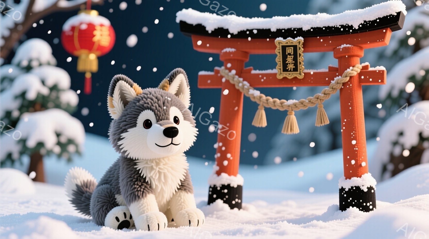 雪が降る冬の風景の中に、ふわふわの灰色の子犬が座っています。子犬は丸い目で前を見つめ、可愛らしい表情をしています。背景には赤い鳥居と雪で覆われた木々があり、穏やかで幻想的な雰囲気を醸し出しています。 - AI生成フリー素材