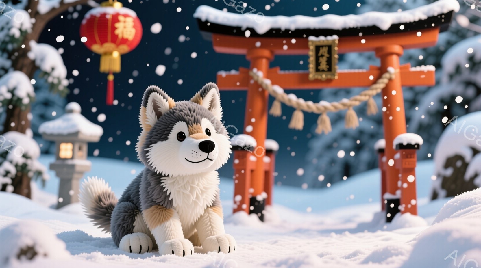 雪が降る中、可愛らしい柴犬が雪の上に座っています。背景には赤い鳥居と灯篭があり、冬の日本の風景を思わせます。全体的に暖かく、穏やかな雰囲気で、柴犬の愛らしい表情が印象的です。 - AI生成フリー素材