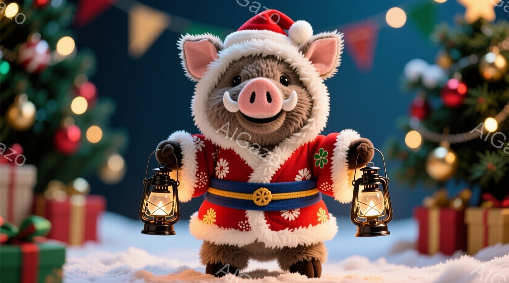 クリスマスの衣装を着た豚のキャラクターが描かれています。豚は赤い模様の白いコートに金色の帯、サンタ帽をかぶり、両手に提灯を持っています。背景には、クリスマスツリーやプレゼント、雪景色が広がり、暖かく幻想的な雰囲気を醸し出しています。