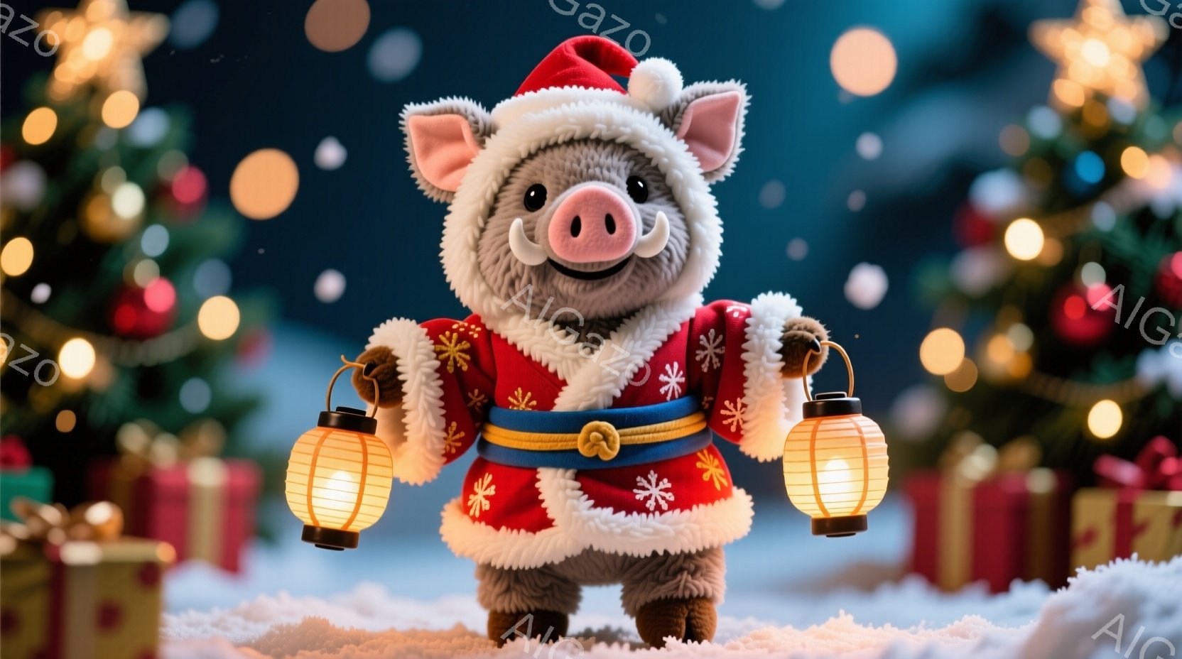 ふわふわのピンク色のブタが、赤い着物風の衣装を着て、両手に提灯を持って立っています。背景には、キラキラと輝くクリスマスツリーとプレゼントの山が描かれ、雪が舞う幻想的な冬の風景が広がっています。全体的に暖かく、可愛らしいクリスマスの雰囲気が漂っています。