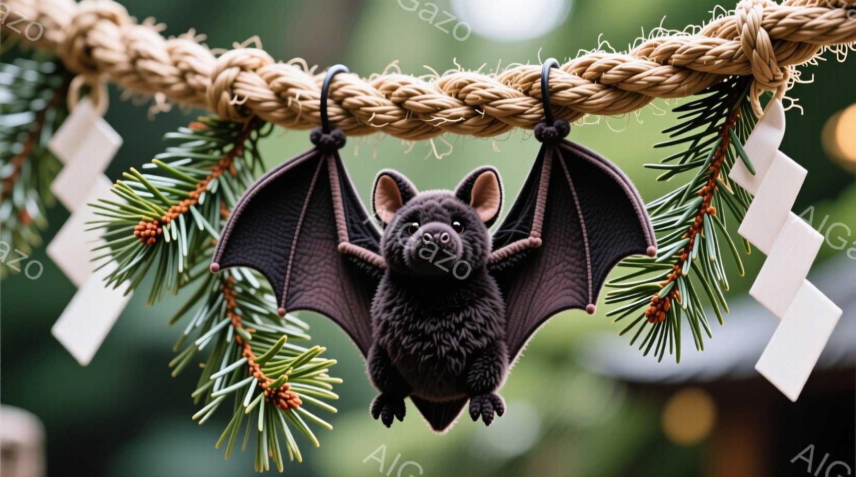 黒いふわふわのコウモリのぬいぐるみがお祭り風の飾り付けにぶら下がっている。飾り付けは太い縄でできており、白い紙の短冊や緑色の葉っぱで飾られている。コウモリは両手を広げてぶら下がり、愛らしい表情をしている。