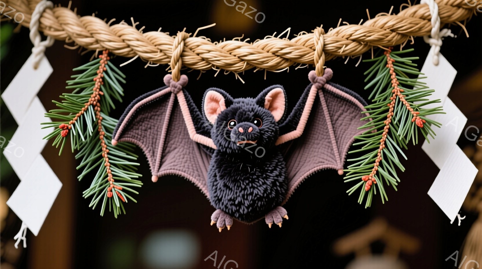 黒色の愛らしいコウモリのぬいぐるみがお守りのように吊り下げられています。背景には白い紙垂れと緑の葉が飾られた縄があり、神社や寺院の装飾の一部であると思われます。全体的に、可愛らしく、和の雰囲気とハロウ - AI生成フリー素材