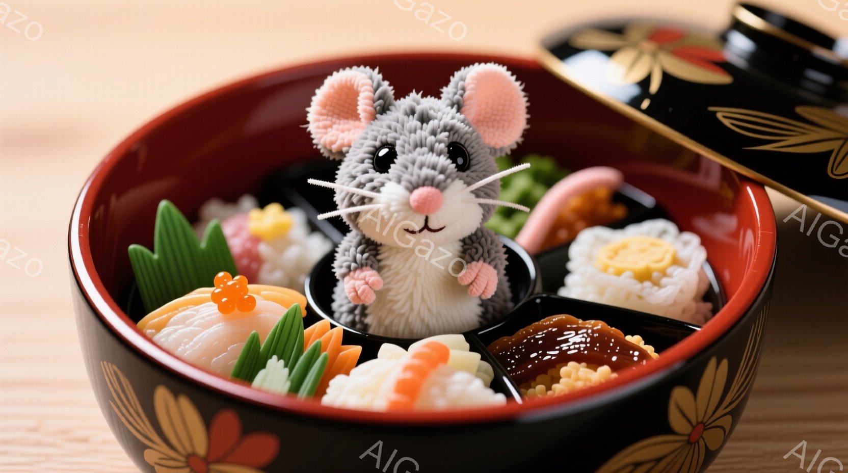 黒塗りの弁当箱の中に、白い服を着た小さなネズミの人形が立っています。人形はつぶらな瞳で前を見つめ、可愛らしい表情をしています。弁当箱の中には、色とりどりの小さなおかずが盛り付けられており、春らしい華やかな雰囲気です。