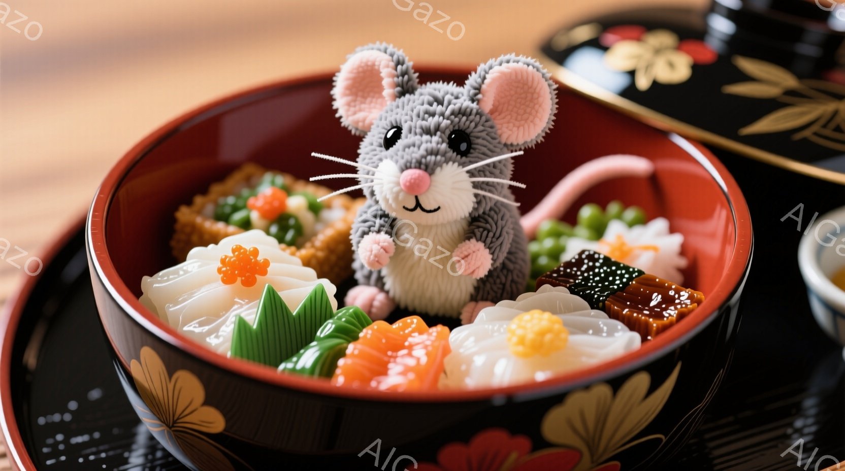 黒塗りの器に、かわいらしいネズミのぬいぐるみが座っています。器の中には、桜餅や菱餅など、おひな祭りのような和菓子が彩り豊かに並べられ、ネズミはまるで雛祭りの一部のように見えます。背景には、同じような器がぼんやりと見え、全体的に春らしい、穏やかで愛らしい雰囲気を醸し出しています。