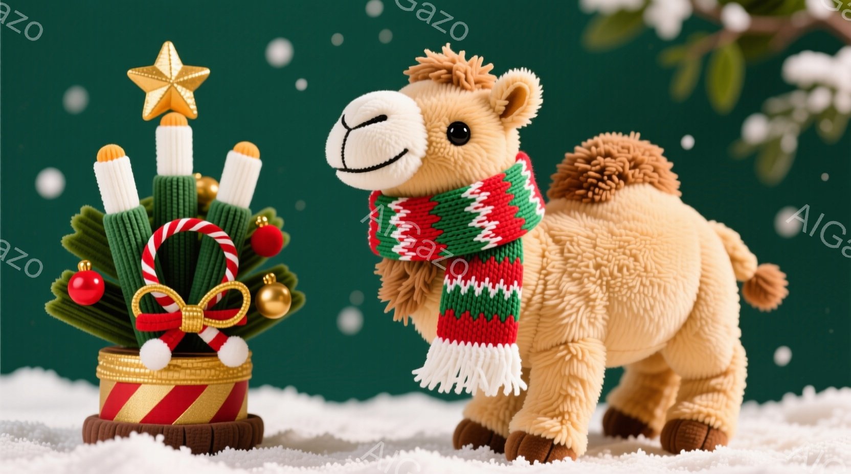 柔らかい茶色のぬいぐるみのアラビアラクダが、赤いストライプの入った緑のニットのショールを巻いています。背景には、金色の底と赤いストライプが特徴的な小さなクリスマスツリーが飾られ、雪が舞う冬の風景が広がっています。全体的に温かく、お祝いムードあふれる雰囲気です。