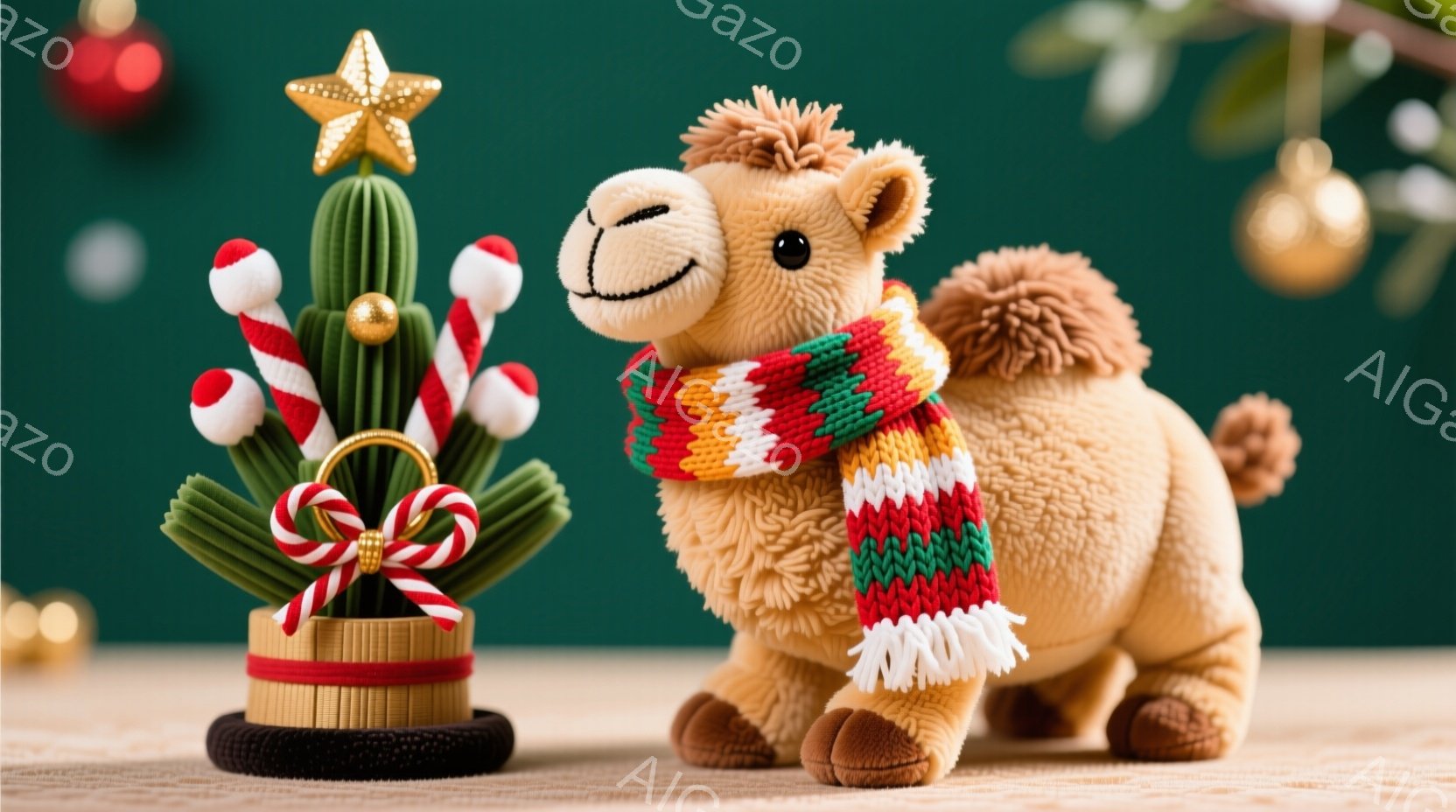柔らかい茶色のラクダのぬいぐるみと、キャンディで飾られた小さなクリスマスツリーが写っています。ラクダは赤い縞模様のスカーフを巻いており、優しい表情をしています。背景には緑色の壁と、いくつかのクリスマスオーナメントが見え、全体的に温かく、お祭り気分を漂わせる雰囲気です。