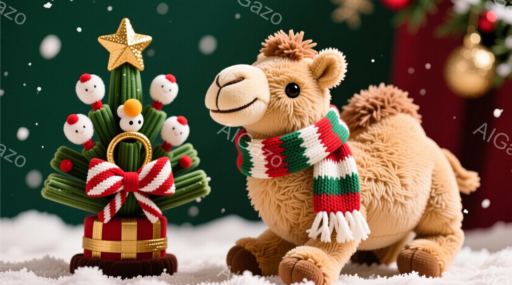 背景には緑色のぼやけたクリスマスツリーと金色のオーナメントが見え、白い雪が舞っています。ラクダのぬいぐるみは、赤、緑、白のストライプの暖かいマフラーを首に巻き、可愛らしい表情で座っています。左側には、赤いプレゼントボックスの上に飾られた、カラフルなストライプの小さなクリスマスツリーが置かれ、暖かく楽しい冬の雰囲気を醸し出しています。