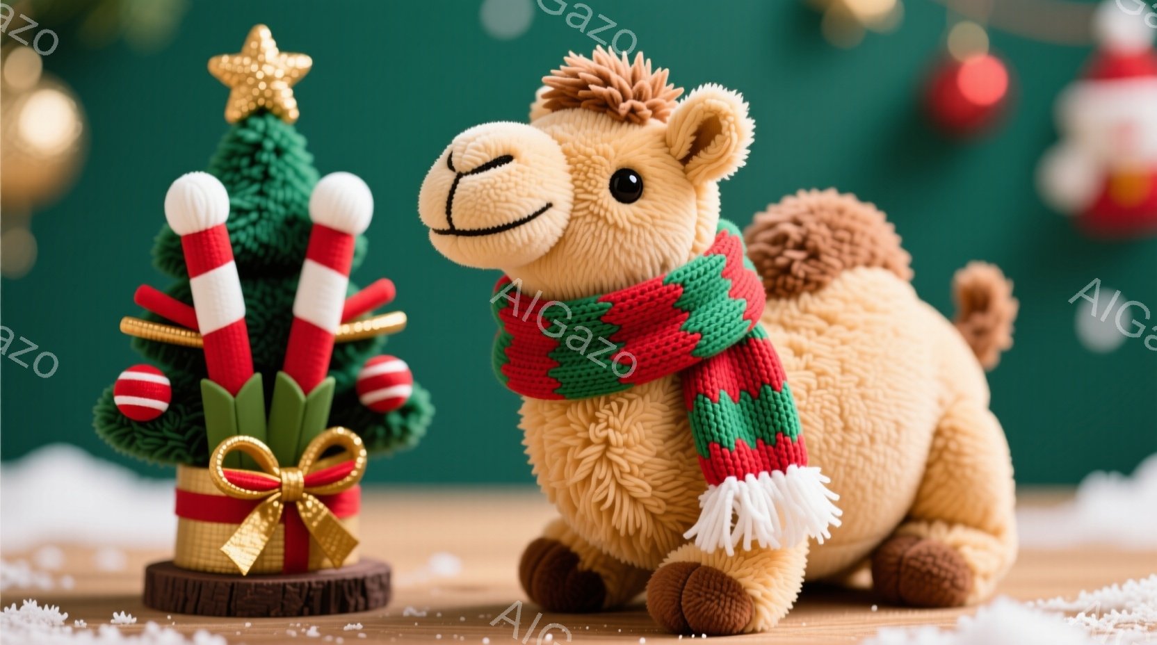 柔らかい茶色のラクダのぬいぐるみは、赤、緑、白のストライプのニットのショールを巻いています。背景には、クリスマスツリーを模した飾りがあり、赤いリボンと金色のプレゼントボックスがついています。全体的に、雪が舞う温かく、お祝いの雰囲気です。
