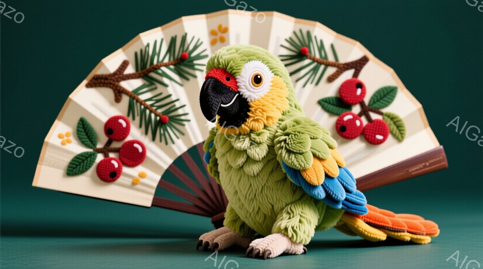 鮮やかな緑色の編みぐるみオウムが、開いた扇子の前に座っています。扇子には赤い実がつけた枝と葉が編み込まれており、背景は落ち着いた緑色です。オウムは丸い目とオレンジ色のくちばしを持ち、可愛らしい表情で正面を見つめています。
