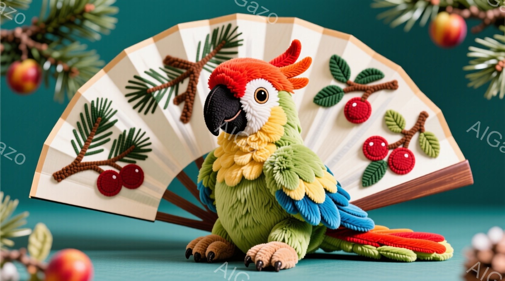 鮮やかな緑色のオウムが、白い扇子の前に座っています。オウムの羽は黄色、青、赤とカラフルで、クリスマスの飾りや赤い実の付いた葉が背景に散りばめられています。全体的に温かみのある、クリスマスの雰囲気を感じさせる画像です。