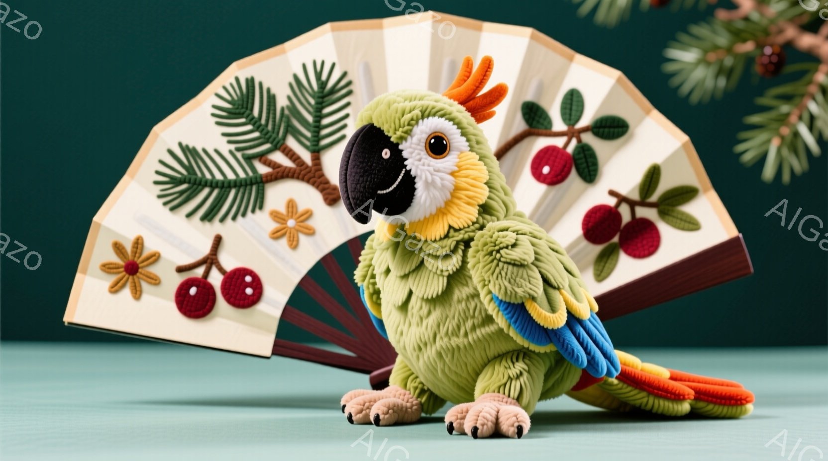 鮮やかな色彩のモフモフしたオウムが描かれています。オウムは明るい緑色で、鮮やかな青い羽、赤い尾羽、そして黄色と黒のくちばしを持っています。背景には、クリスマスの飾りと展開された扇子が配置され、オウムの鮮やかな色彩とコントラストを形成しています。