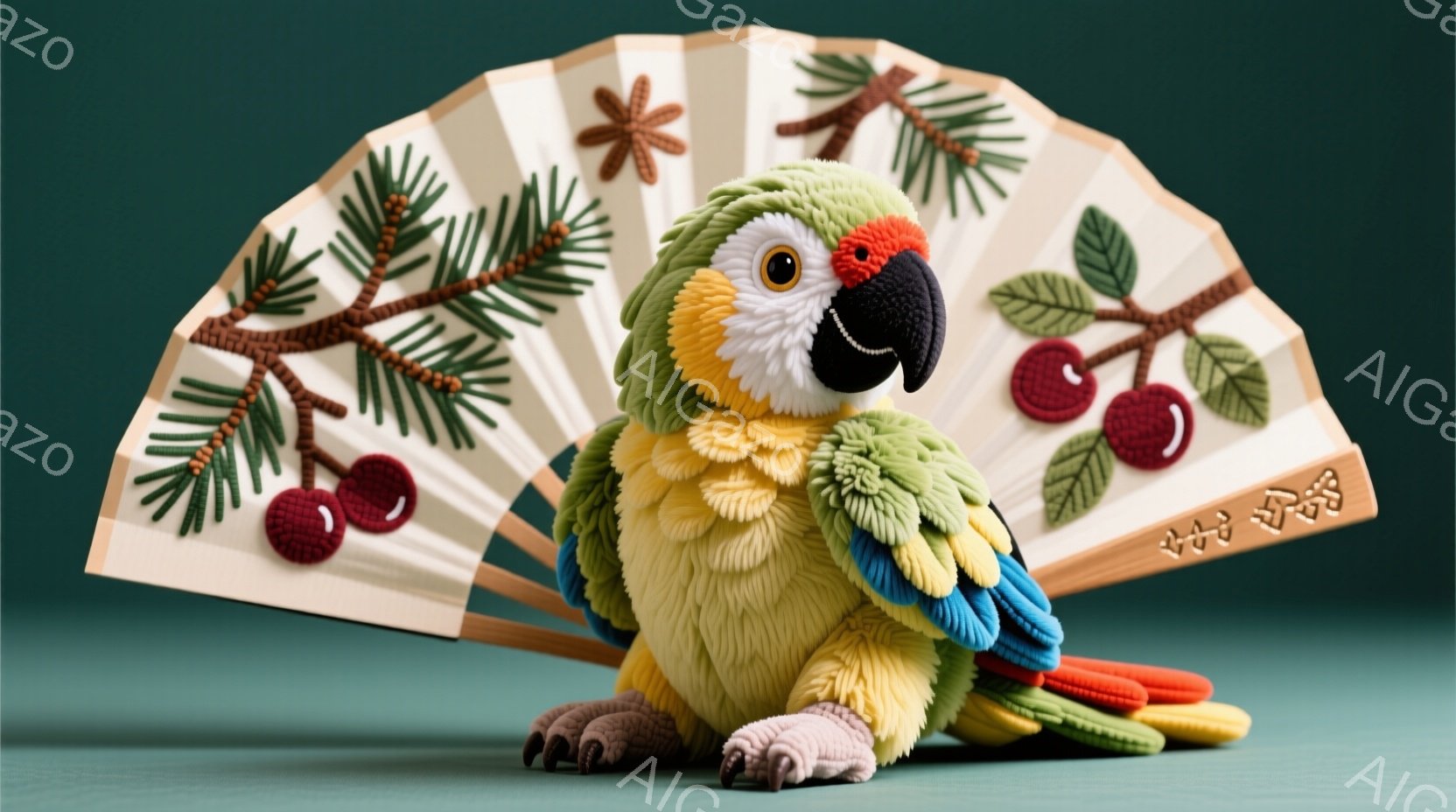 カラフルな織物で作られたオウムのぬいぐるみです。オウムは明るい緑、黄色、赤色の羽を持ち、ピンク色の足と黒い嘴を持っています。背景には、赤い実と緑の葉が描かれた扇子が立てかけられています。