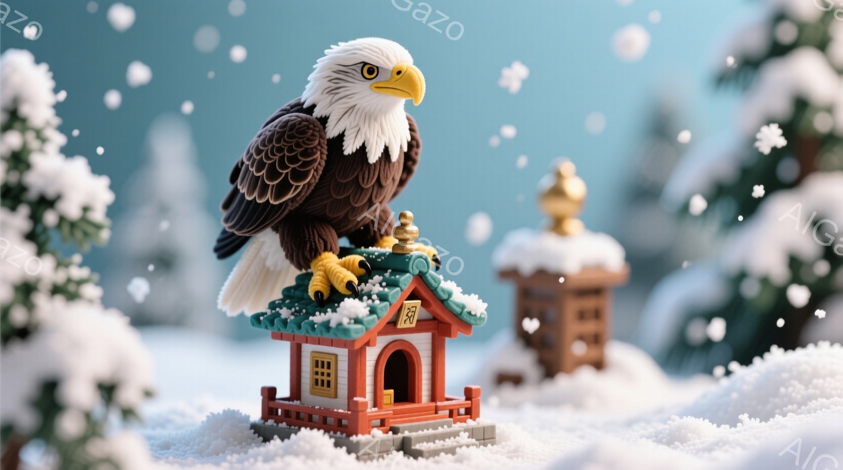 雪が舞う冬の風景の中に、小さな寺院屋根の上に堂々と立つアメリカワシが描かれています。ワシは鋭い眼光で正面を見据え、力強い爪で屋根にしがみついています。寺院と小さな塔は雪に覆われ、周囲には緑の木々が冬の静寂を際立たせています。
