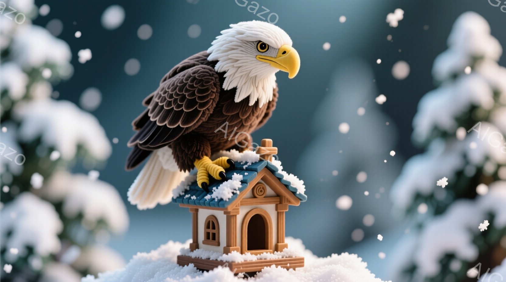 白頭鷲が雪に覆われた小さな家の屋根に堂々と立っている。鷲は鋭い眼光で正面を見据え、羽を広げた力強い姿は冬の静寂の中に際立つ。背景には雪化粧した木々がぼんやりと見え、雪が舞う幻想的な雰囲気を醸し出している。