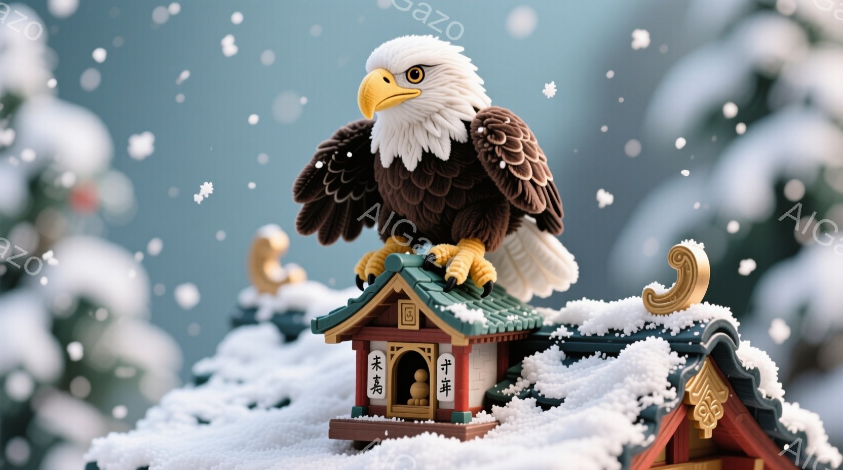 白い雪景色の中に、日本の伝統的な屋根瓦を持つ建物の上に、堂々としたアメリカワシが立っている。ワシは金色で装飾された屋根の端にしっかりと足を置き、鋭い眼差しで前方を見据えている。雪が降り積もり、背景にはぼやけた緑色の木々がみえ、荘厳で厳かな冬の雰囲気を醸し出している。