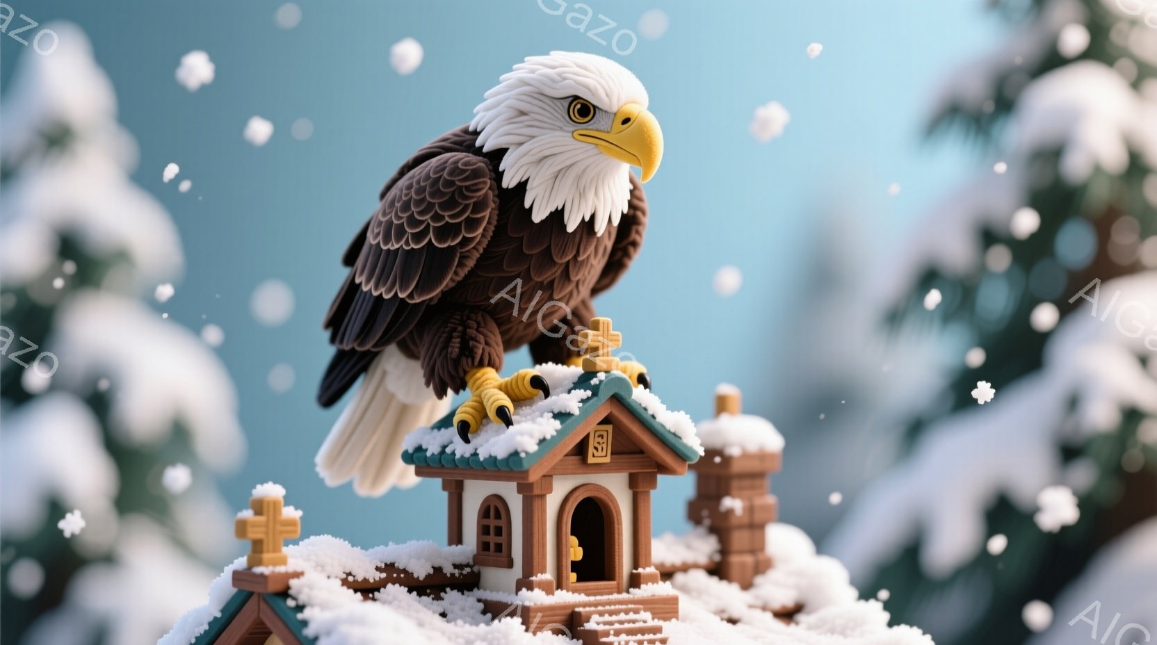 白い雪が降り積もる冬の風景の中に、大きなアメリカワシが可愛らしい小屋の屋根の上に止まっています。小屋は茶色と緑の屋根で覆われ、雪で覆われています。背景にはぼんやりと木々が見え、全体的に穏やかで幻想的な雰囲気が漂っています。