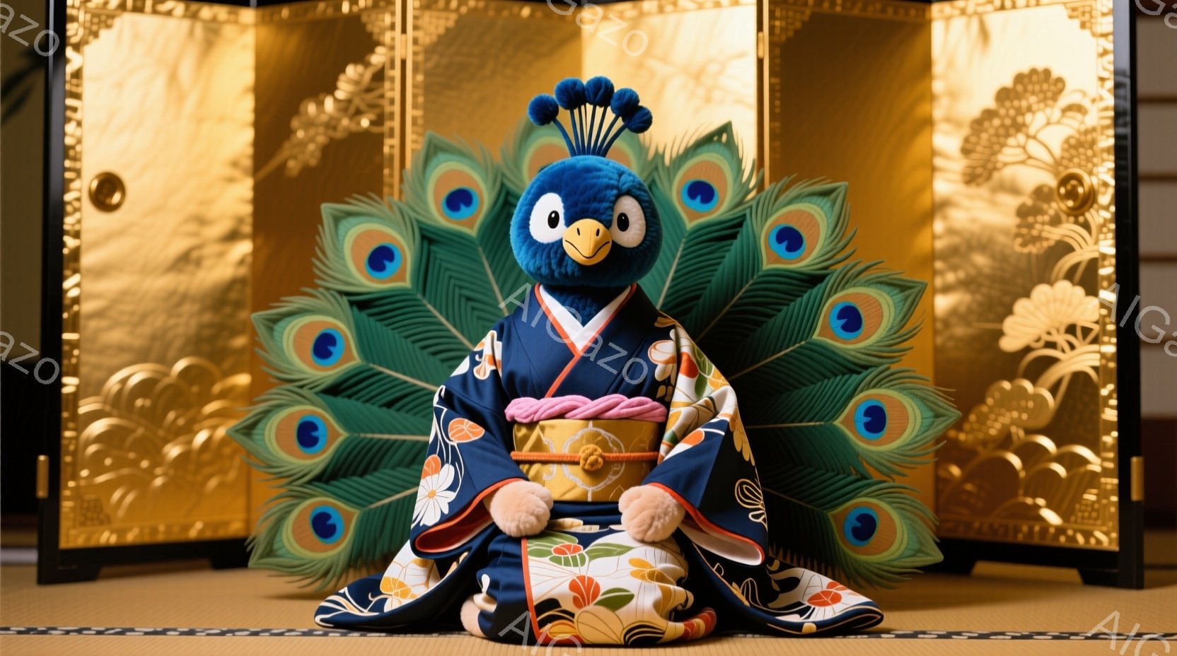 深い青色の着物を着た、鳥をモチーフにしたぬいぐるみです。着物には、白い花と金色の模様が描かれており、ピンク色の帯が結ばれています。背景には金色の屏風と畳があり、全体的に優雅で伝統的な雰囲気を醸し出しています。