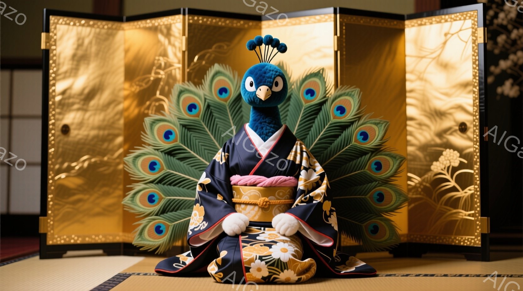 孔雀を模した人形が、鮮やかな着物を身につけ、正座している。着物は、金色の花模様と黒色の縁取りが施されており、帯も華やかである。背景には金色の屏風が配置され、人形を荘厳に引き立てている。