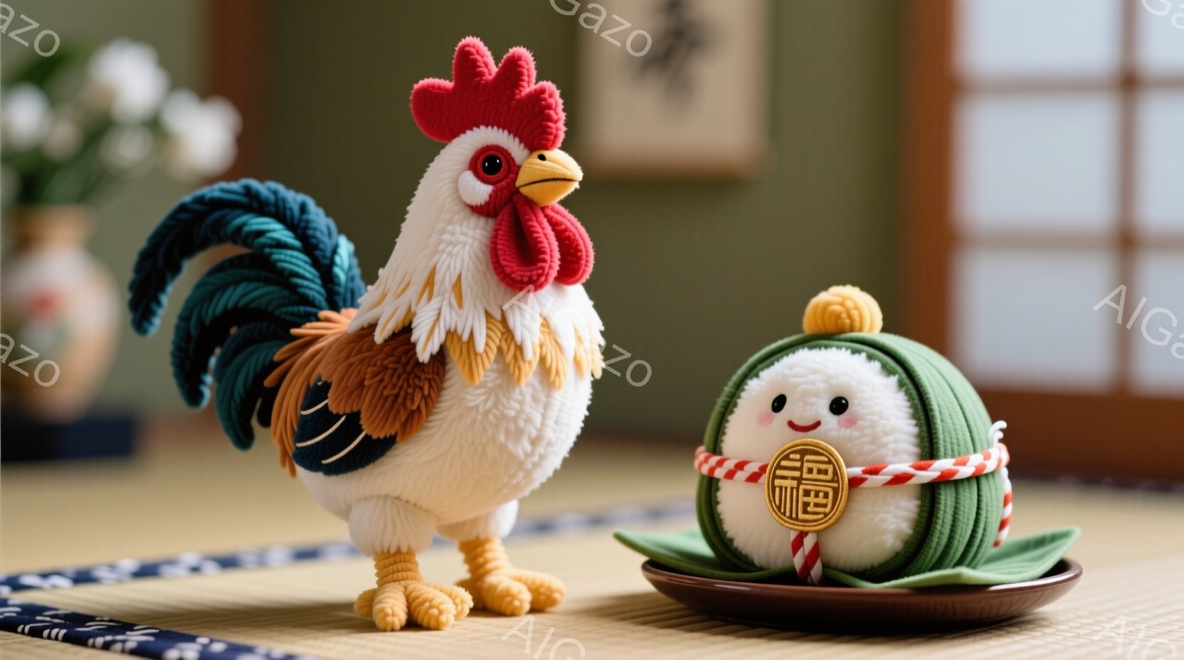 鮮やかな色のニワトリのぬいぐるみと、可愛らしいダルマの人形が畳の上に並んでいます。ニワトリは立っており、赤いトサカと華やかな尾羽が特徴的で、ダルマは緑色の巻き布を身につけ、茶色の皿の上に座っています。背景には和風の壁と花瓶が見え、静かで温かい雰囲気が漂っています。