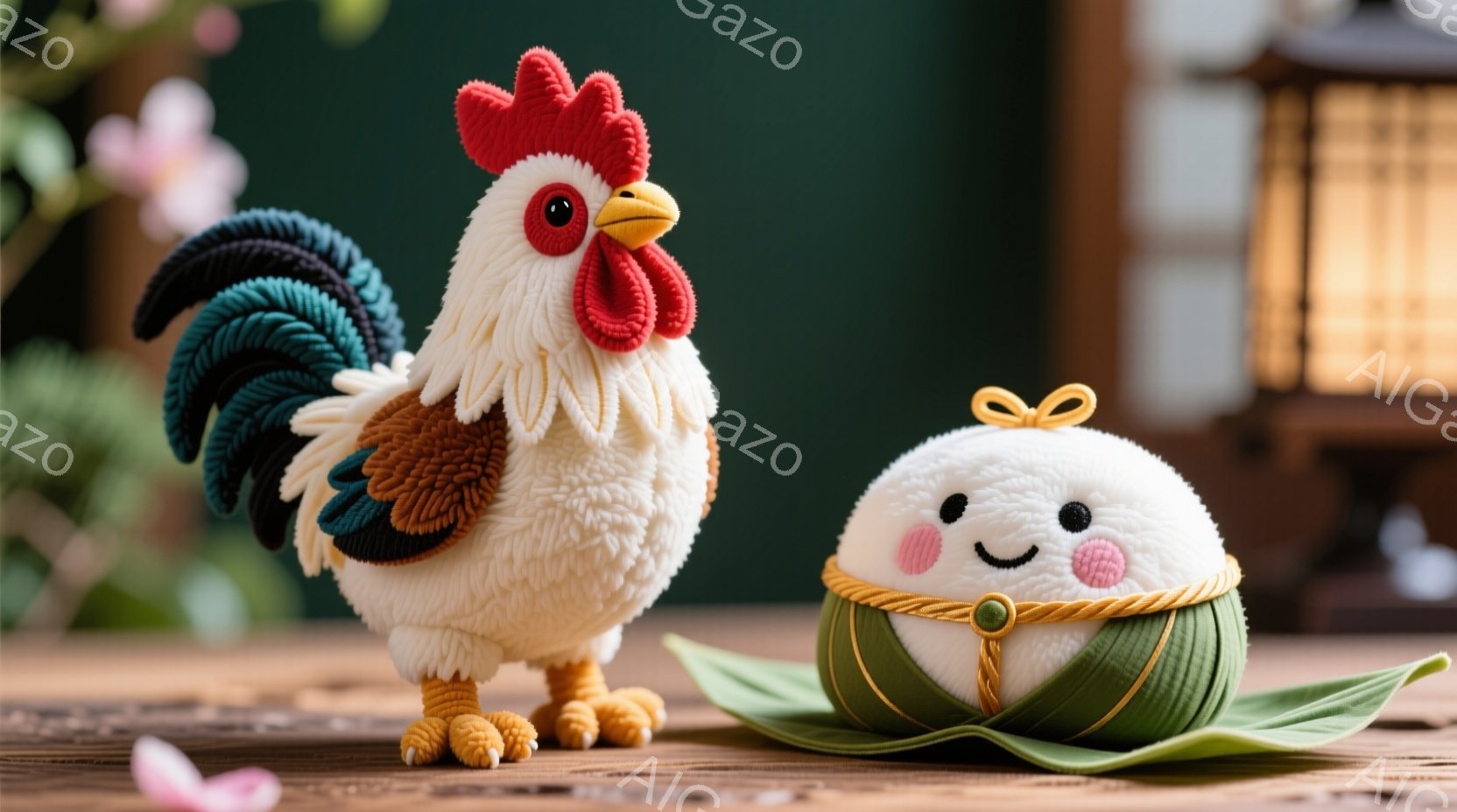 ぬいぐるみのような鶏と団子が、木製のテーブルの上に並んでいます。鶏は白を基調とした羽毛に、赤と青の鮮やかな尾羽を持ち、元気な表情をしています。背景には、ぼやけた緑色の植物と、和風の格子戸が見え、穏やかで温かい雰囲気を醸し出しています。