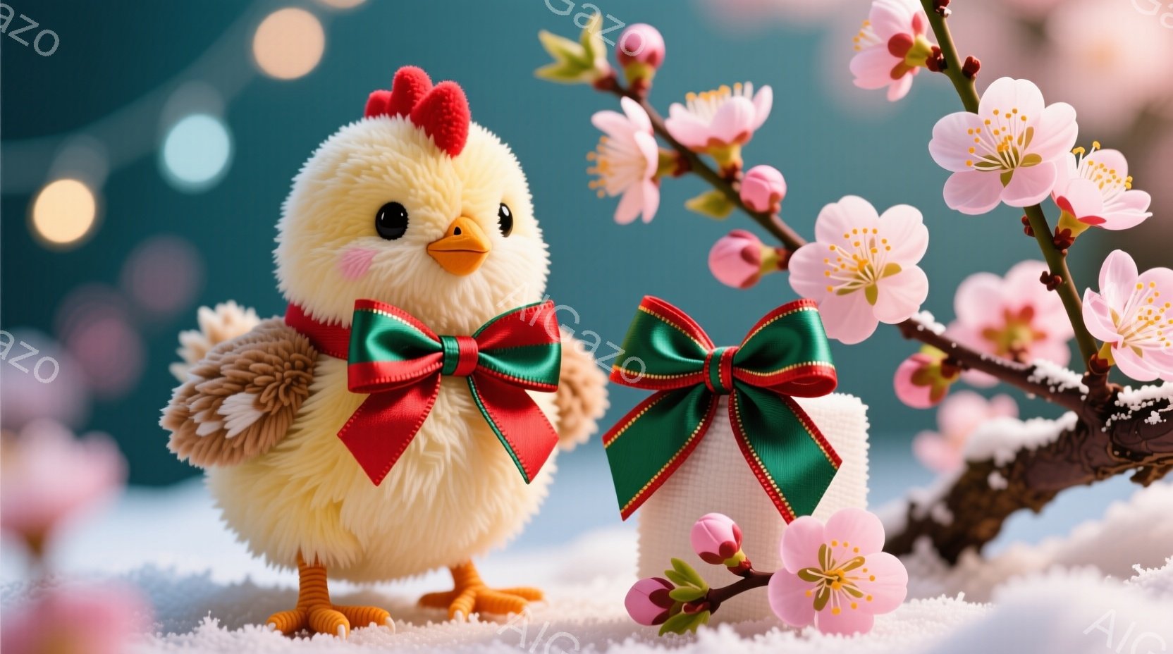ふわふわの黄色いヒヨコが赤いリボンと緑のリボンで飾られたプレゼントの隣に立っています。ヒヨコはオレンジ色の足で立っており、丸い黒い瞳で前を見つめています。背景には梅の枝が咲き乱れ、雪が舞い散る冬の風景が広がっています。