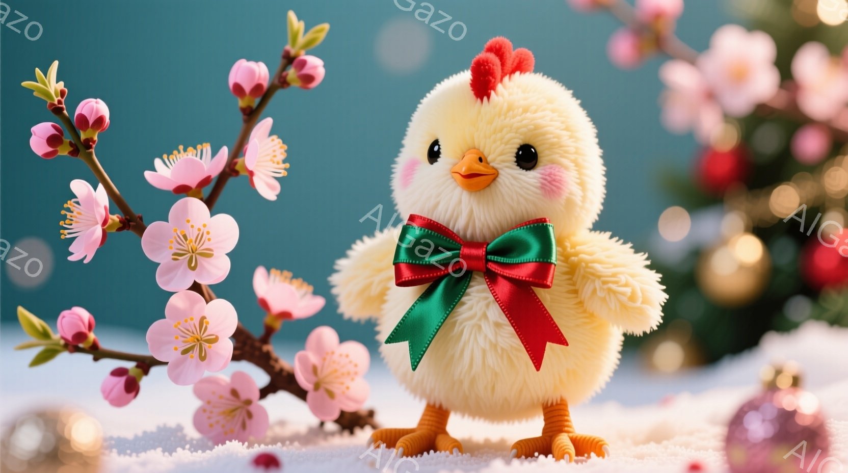 ふわふわのひよこが、赤いリボンと緑の飾りをつけて立っています。背景にはピンク色の梅の花が咲き、白い雪が積もったような背景が広がっています。全体的に可愛らしく、温かみのある雰囲気です。 - AI生成フリー素材