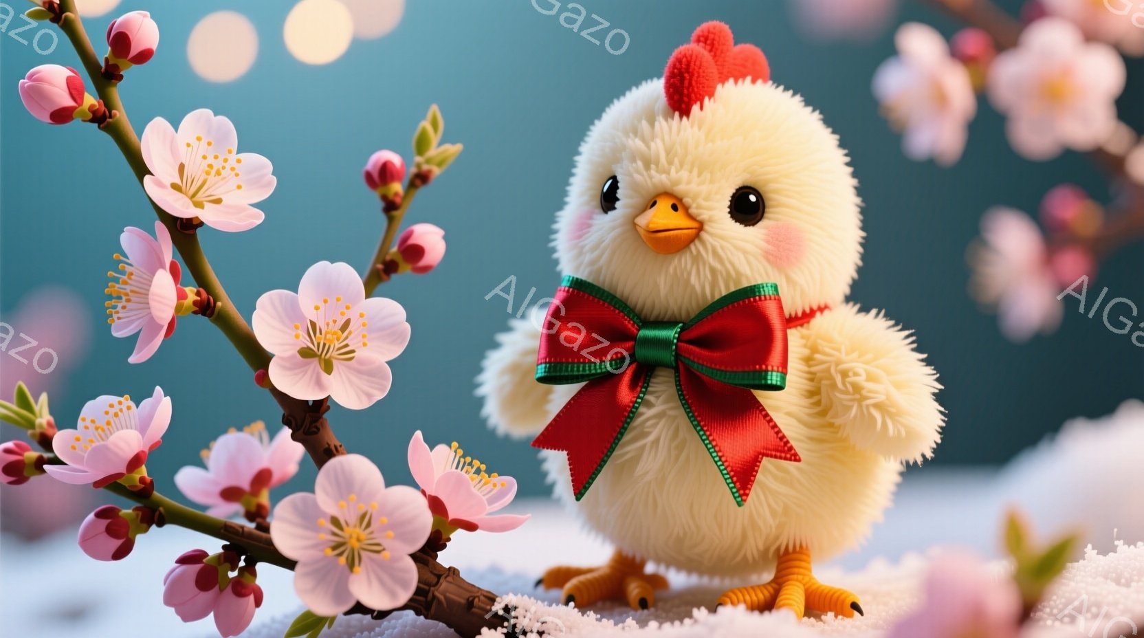 ふわふわの白いヒヨコが、赤いリボンと緑の縁取りが付いた可愛らしいリボンを首に巻いています。ヒヨコは小さな足で雪の上に立っており、大きな瞳で正面を見ています。背景にはピンク色の梅の花が咲き乱れ、ぼやけた光が冬の穏やかな雰囲気を醸し出しています。