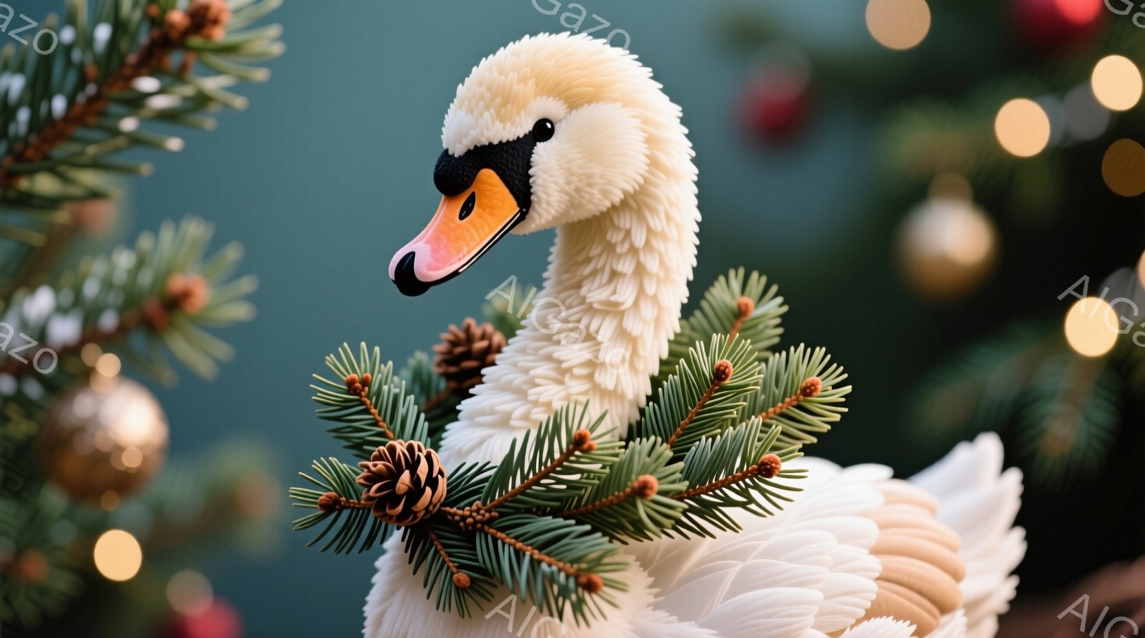 白鳥がクリスマスツリーの枝を首に巻き付けている様子が描かれています。背景はぼやけた緑色と金色のオーナメントで、華やかで温かいクリスマスの雰囲気が漂っています。白鳥の羽はふっくらとしており、顔は穏やかで - AI生成フリー素材